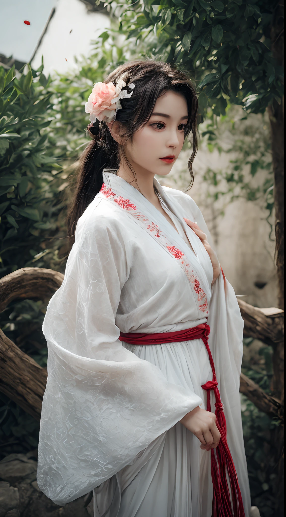 (Best quality,4K,A high resolution,Masterpiece:1.2),Ultra-detailed,Realistic, Black and white Hanfu,Black embroidery, Flowing white ponytail, Long flowing hair, White mask, The mask flutters in the wind, Fringed Hair Ornament, Peony flower, Ancient style, Wide sleeves, Dynamic pose, Dramatic composition, falling flower petals, red waistband, the complex background, Ancient architecture, Misty clouds, Fairy tale background, Swirling clouds, Cinematic lighting.