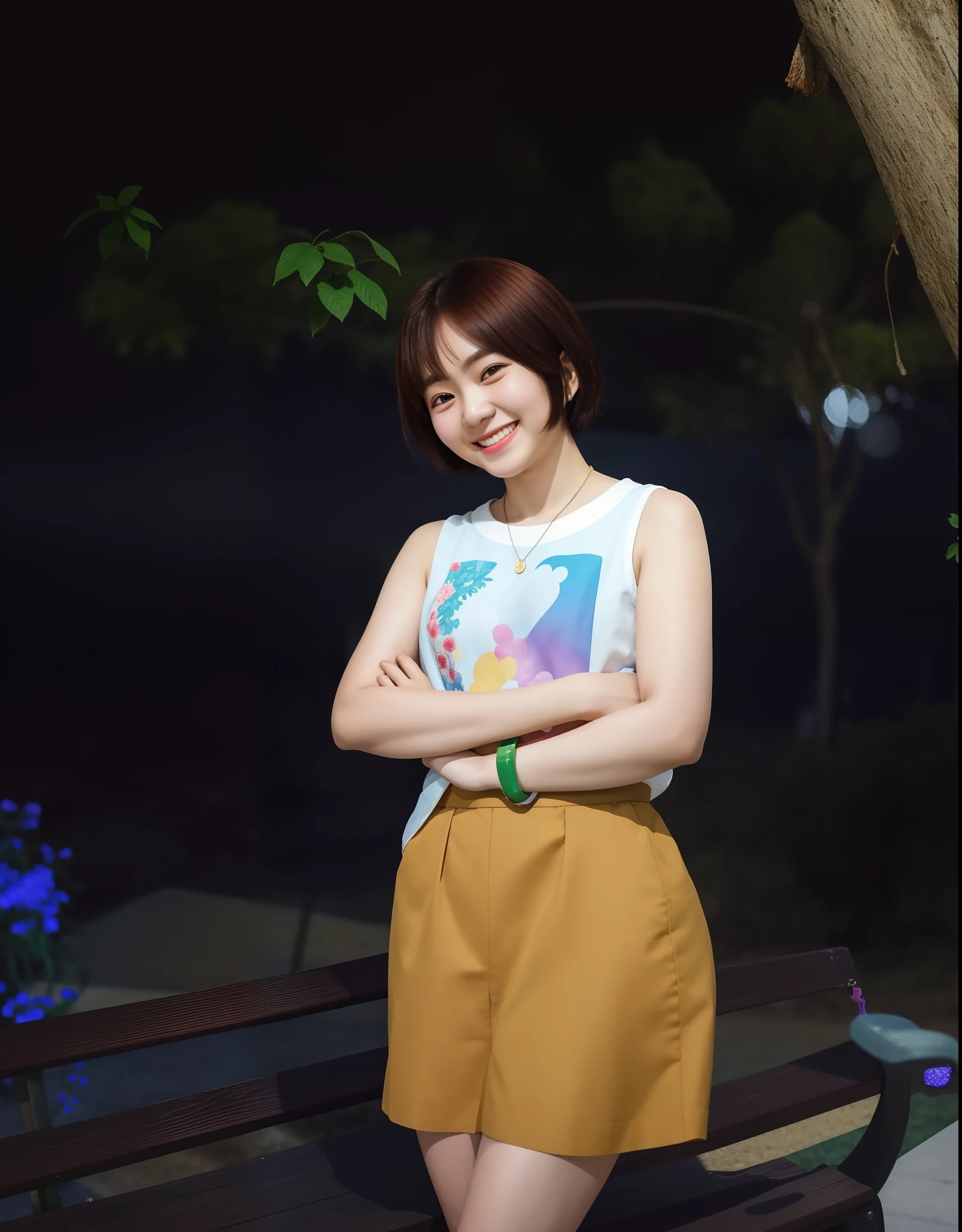 there is a woman standing on a bench with her arms crossed, anime thai girl, very very low quality picture, nivanh chanthara, photo of the girl, with short hair, she is smiling and happy, taken with the best dlsr camera, 8k 50mm iso 10, ruan cute vtuber, very very low quality
