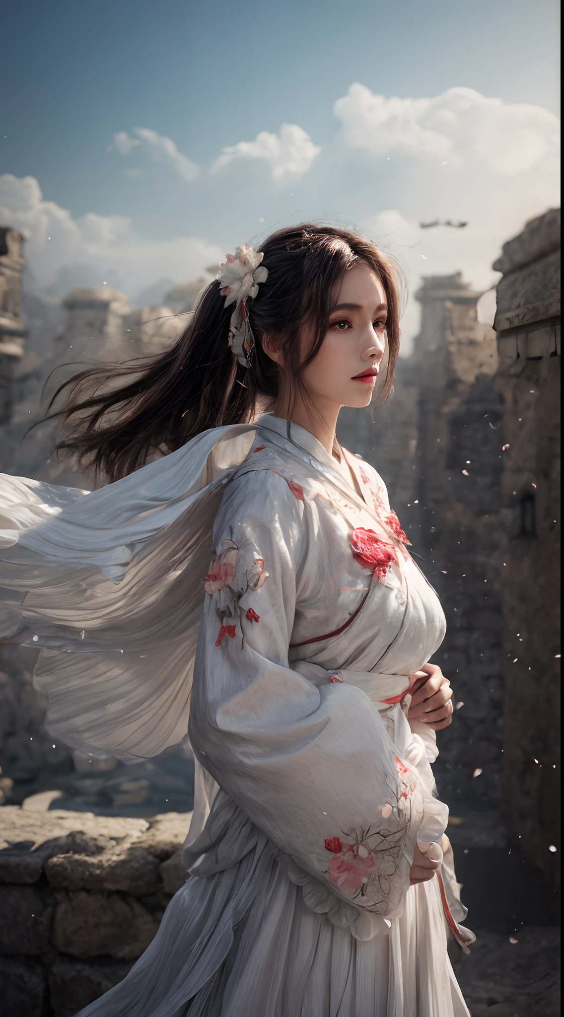 (Best quality,4K,A high resolution,Masterpiece:1.2),Ultra-detailed,Realistic, Black and white Hanfu,Black embroidery, Flowing white ponytail, Long flowing hair, White mask, The mask flutters in the wind, Fringed Hair Ornament, Peony flower, Ancient style, Wide sleeves, Dynamic pose, Dramatic composition, falling flower petals, red waistband, the complex background, Ancient architecture, Misty clouds, Fairy tale background, Swirling clouds, Cinematic lighting.