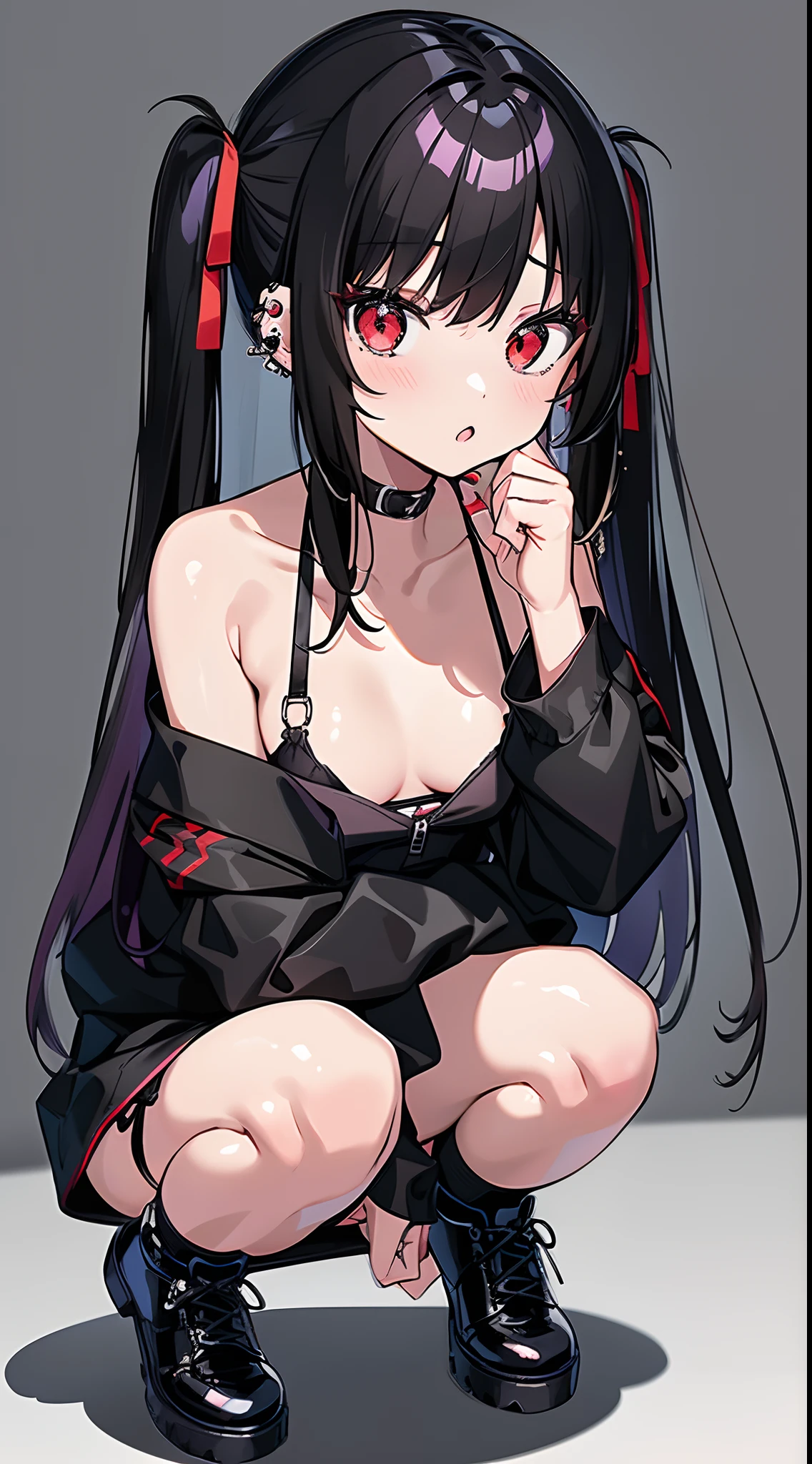 Anime style girl, 1 girl, Solo, Red Eyes, Black hair, Twin-tailed, Hair Ribbon, piercings, Very cute clothes, Off-Shoulder Tops, Black miniskirt,((Black Panties)),Leather shoes, Looking at Viewer,Squatting
