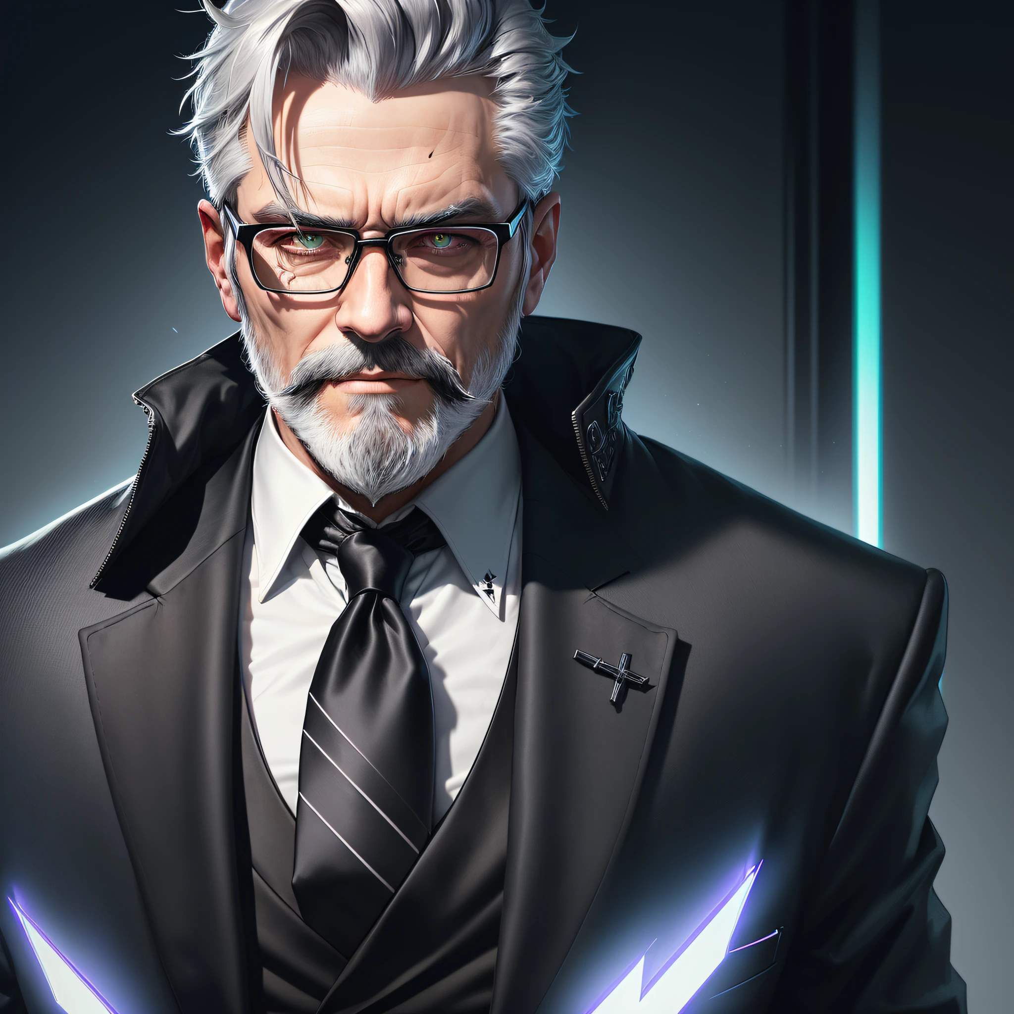 there is one man with greying short hair a beard and a tie in a dark suit, wearing black thick rimmed glasses, epic and classy portrait, portrait of professor sinister, epic character portrait, cyberpunk old man, twitch streamer / gamer ludwig, unreal 5. rpg portrait, inspired by Max Magnus Norman, epic portrait illustration, portrait of a cyberpunk man, epic game portrait, detailed character portrait, cyberpunk portrait, dark black background