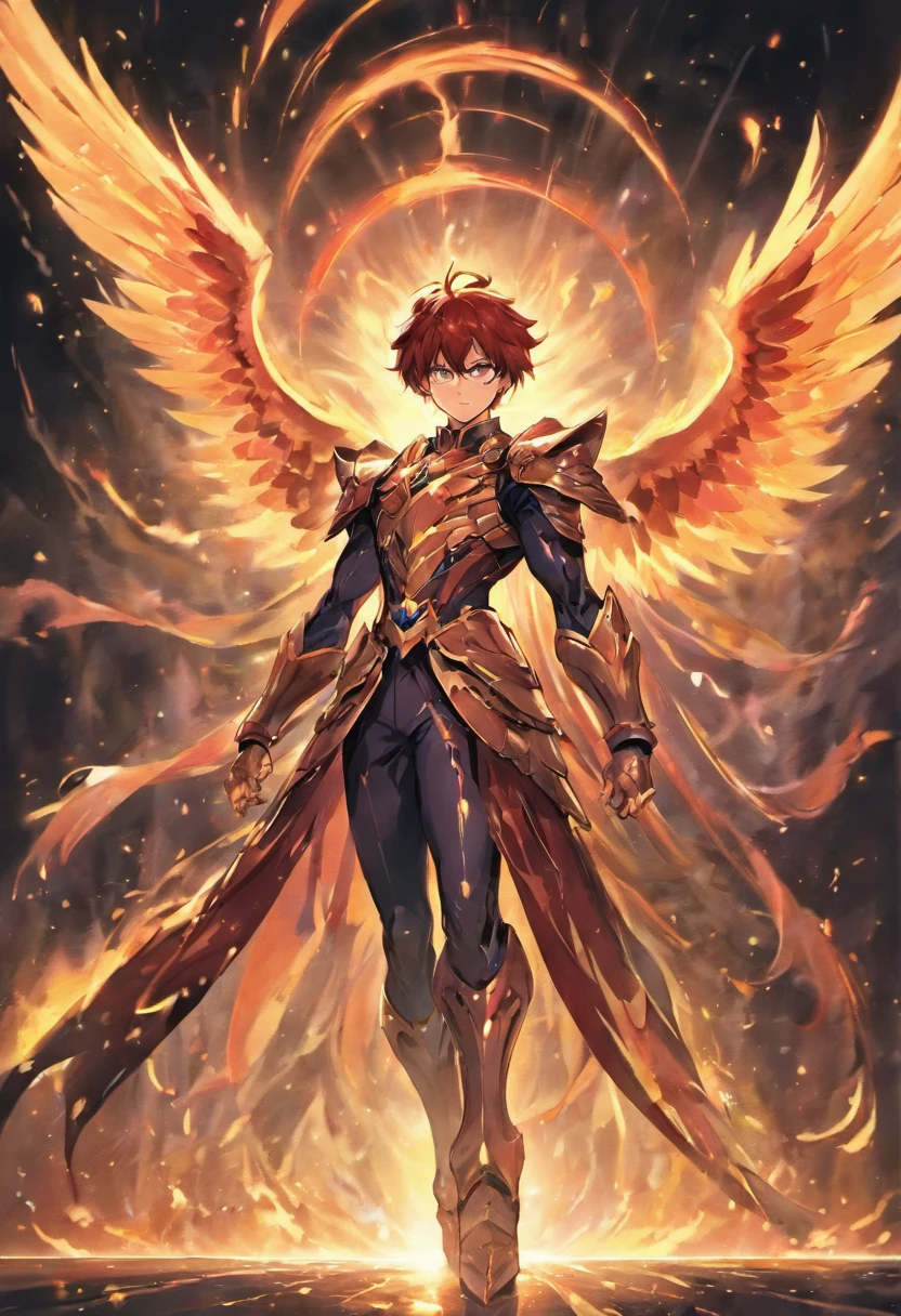 Iggy de Phoenix, 1 Homem, Noite de Phoenix , Anime Zodiac Knight , Anime Seiya, Imagem extravagante, Cavaleiros de Phoenix andando em chamas, The phoenix bird covers its wings behind the knight, Perfect Phoenix Armor