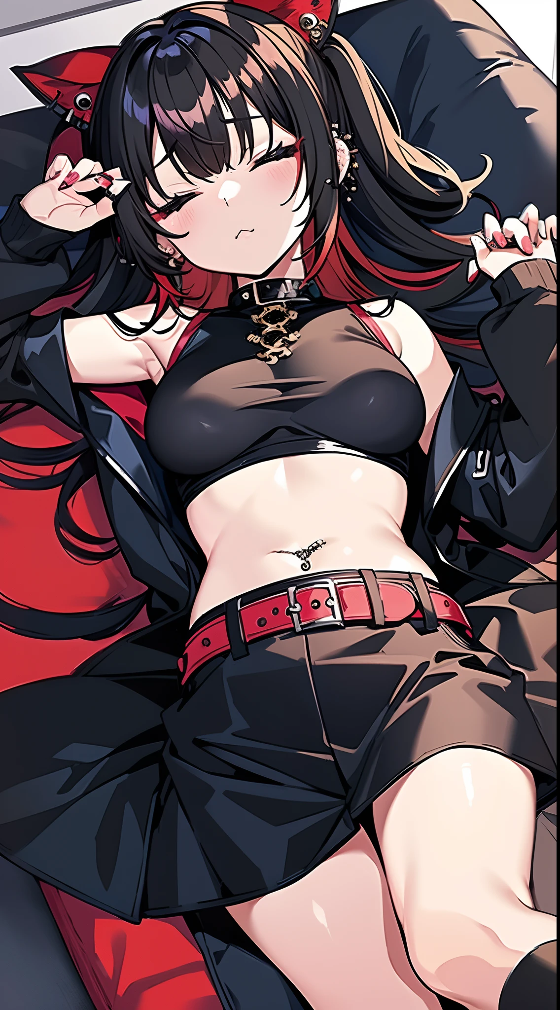 Anime style girl, 1 girl, Black-haired solo, Twin-tailed,Red Hair Ribbon, piercings, Very cute clothes, Red Off-Shoulder Tops, Black miniskirt, Leather shoes, Looking at Viewer, Lying on the sofa,Sleeping face,Eyes closed