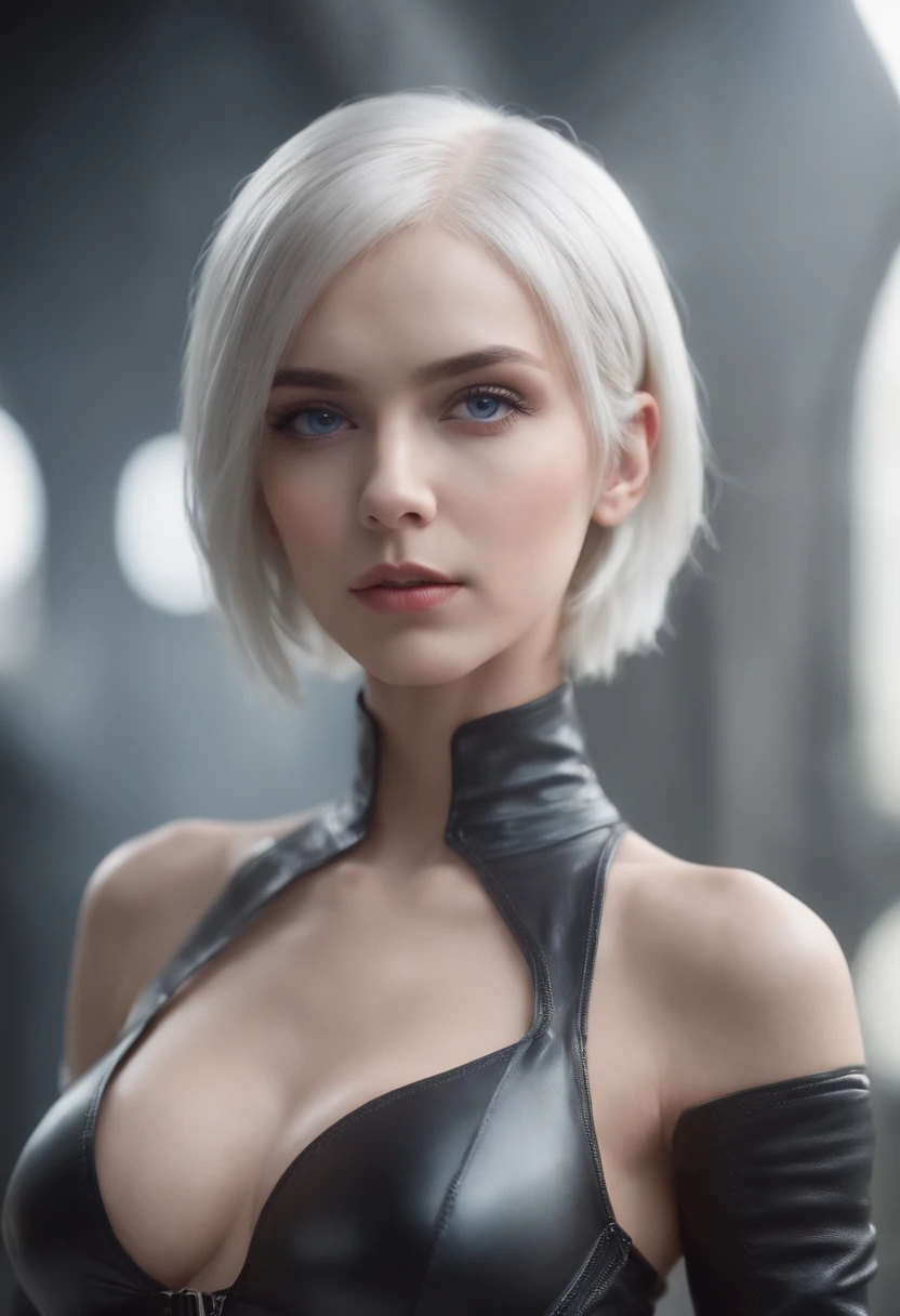 1girlfullbodyimage, short straight platinum hair, clear blue eyes, wearing topless gothic latex black revealing nier secret outfit, sci-fi background, absurdres, high res, ultrasharp, 8K, masterpiece, looking at viewer
