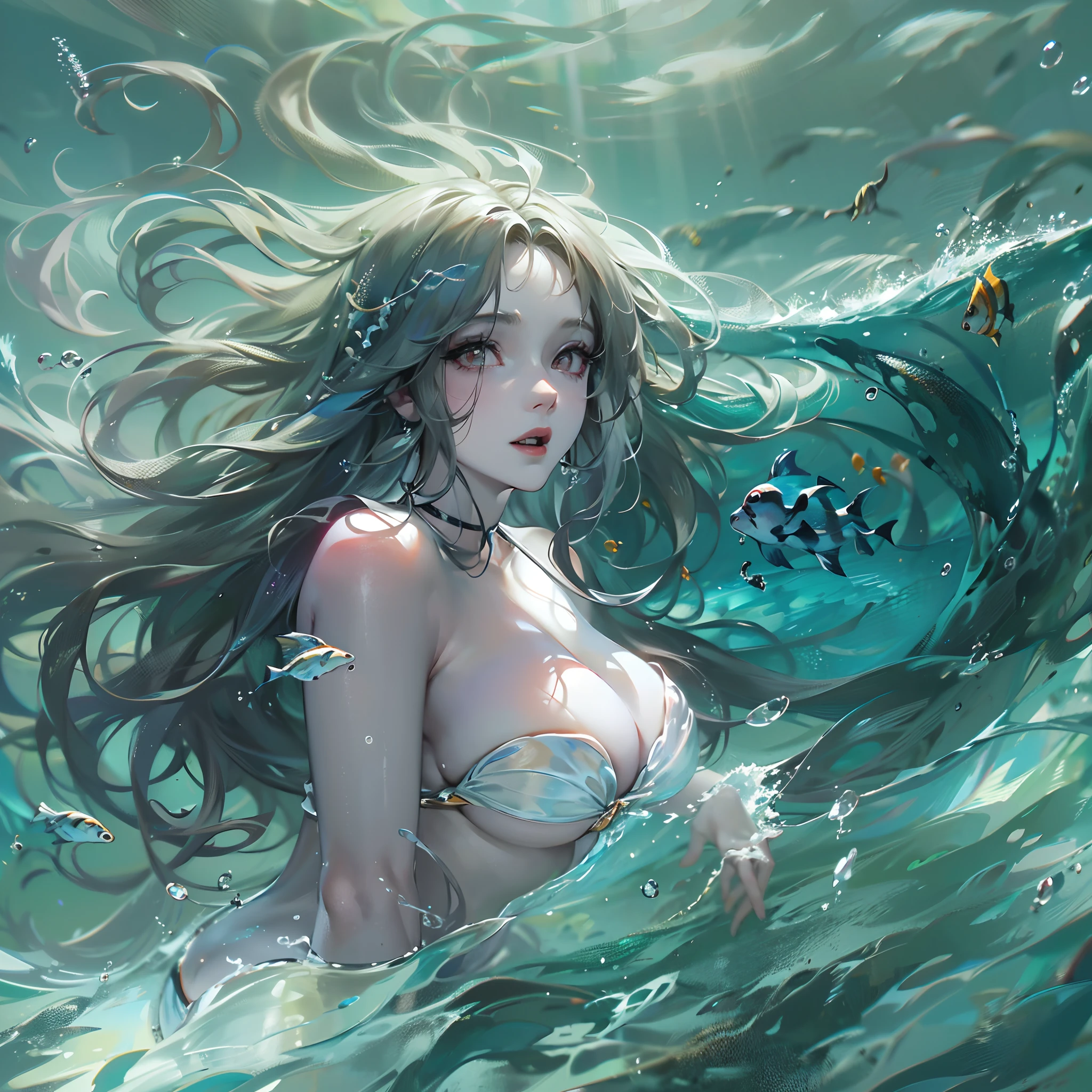 A peerless beauty swimming in the sea,mermaids,blue bikini,Extra-long hair,(White skin of the,Unbelievably huge),beautiful fish tail,Perfect flesh,((tmasterpiece)),(Best quality at best),(Highest definition)