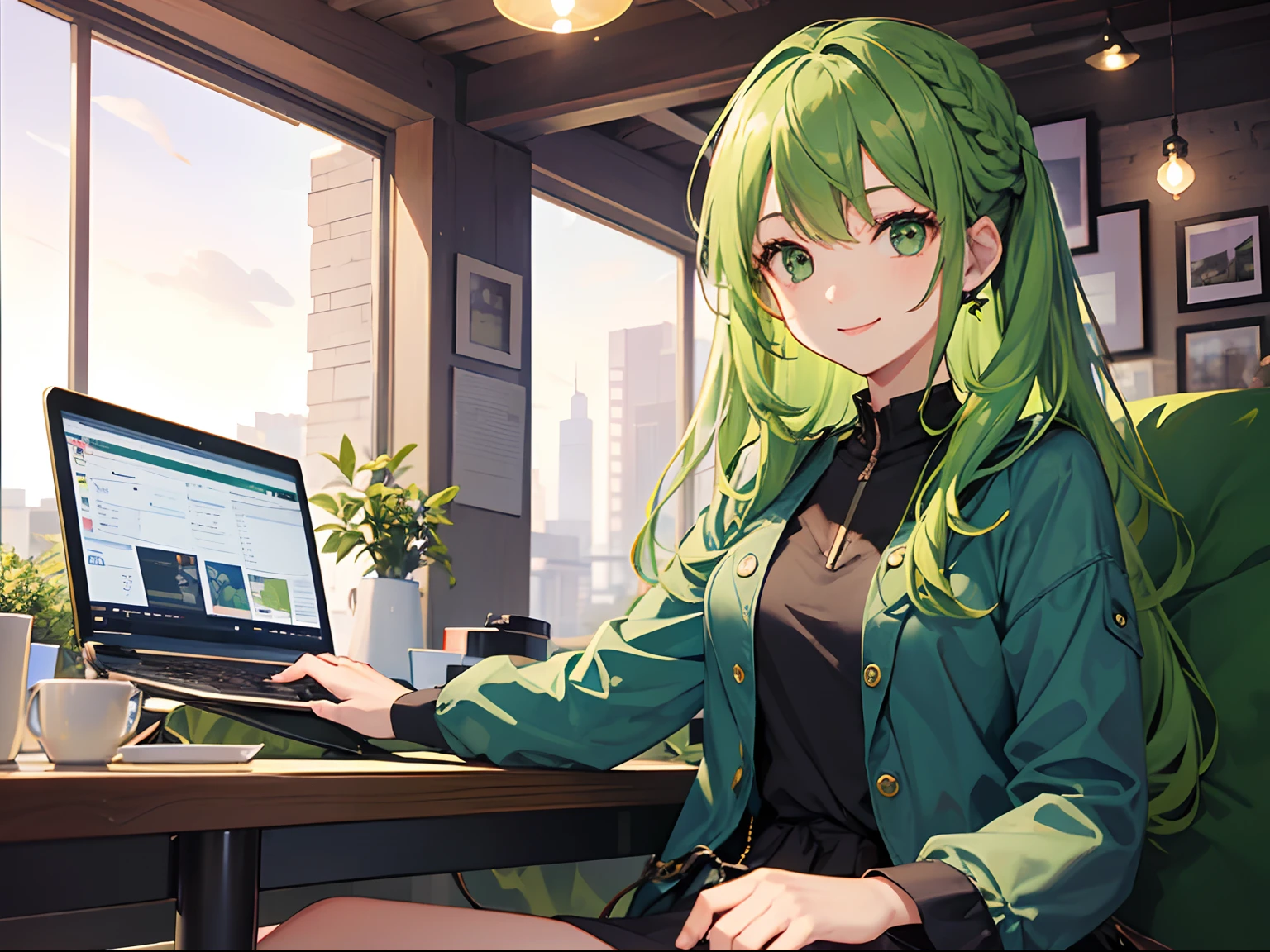 1girl in,fashionable cafe、Girl sitting in seat and operating laptop、 20yr old、(((Green head hair)))、Fashionable、The upper part of the body、A smile、semi long hair