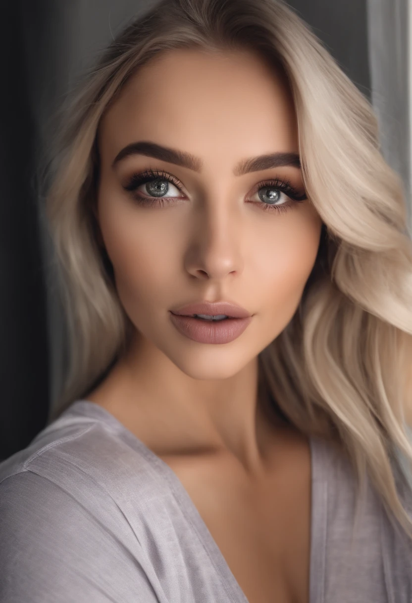 Arafed woman with matching tank top and panties, Sexy girl with brown eyes, portrait sophie mudd, blonde hair and large eyes, Selfie einer jungen Frau, Augen im Schlafzimmer, Violet Myers, ohne Make-up, Natural makeup, Blick direkt in die Kamera, Gesicht mit Artgram, dezentes Make-up, Stunning full body shot, im Schlafzimmer, Spaltung