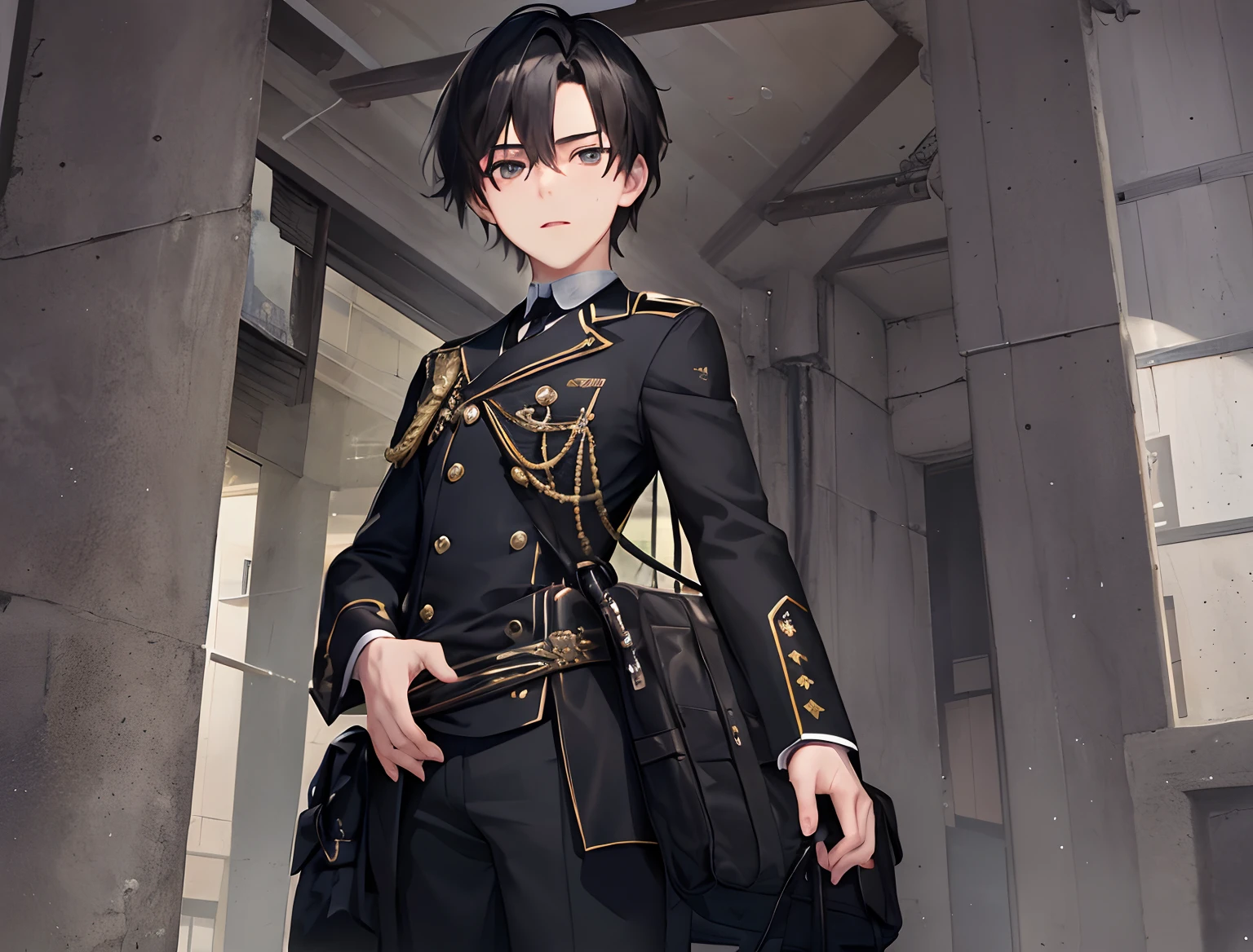 superfine illustration, very detailed beautiful face and eyes, Dynamic Angle, 18-year-old man standing in black uniform, Body and head straight in the photo, Facing the viewer of the photo, Eyes fixed on the lens, You can see the shoulders and head in the photo, Man in the center of the photo, 8K, Best Quality, masutepiece, Realistic, photos realistic, cinematic photography, A hyper-realistic, 1 person, Detailed, Perfect Lighting, DSRL, professional photograpy, 4K, Show from head to knee, In front of the school building