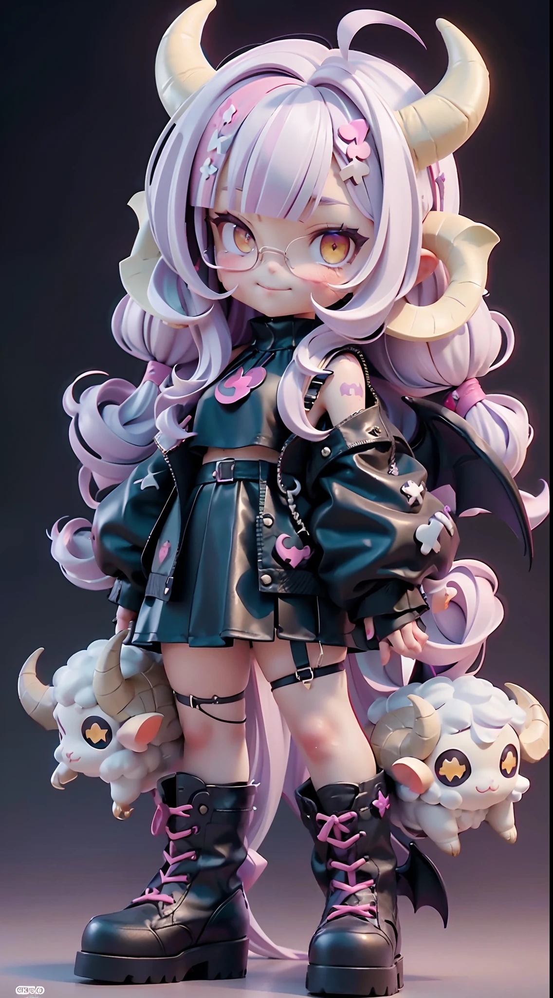 Cute  wrapped in clear plastic, Chibi, purple hair, (((straight hair))), (((super long hair))), Blunt bangs, straight bangs, hime cut, (((Yellow eyes))), slant eyes, slit pupils, huge breasts, pointed ears, wearing round glasses, ((sheep horns)), black Crop Top, bare shoulders, hot pink short skirt, grin, black long boots, (((devil wings and devil tail))),a mole under eye, :3, wink, vivid Color, Simple and light background, 3D toy, Cyberpunk style, cinema4d, Octane Render, 3Dmodel, Collectible toys,nendoroid,Street style, Pixar, Big shoes, fashion trend, close-up, purple and hot pink theme, Full Body --ar 2:3 --niji 5 --q 2 - s 100 - expressive style --s 2