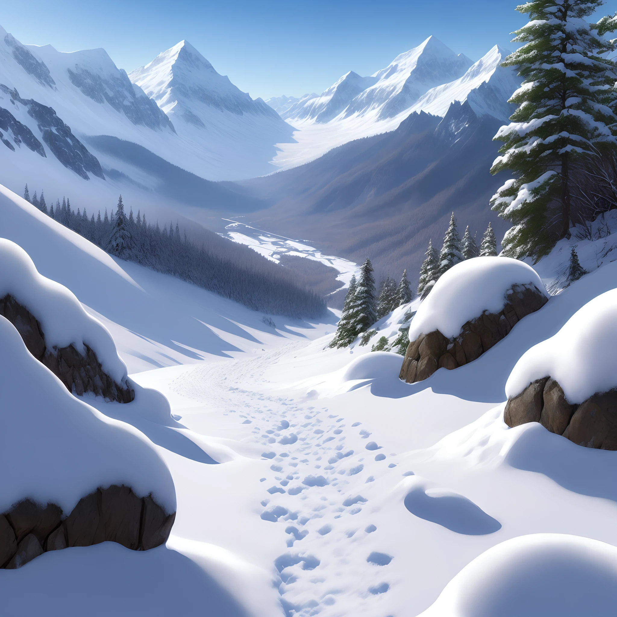 Draw a manga page where we see a beautiful snowy mountain