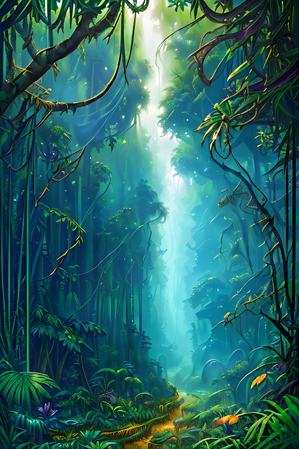 A stunning, (((high-definition fantasy-jungle landscape painting with no trace of imperfections, showcasing a dreamy and fantastical world:1.3))). mesmerizing and flawless visual experience, justice, glitch, dreamlike compositions, style of silkscreen, (((beauty beautiful:1.3))), epic composition, heat haze, (((impeccable quality:1.3))), sharpening rendering, professional art work, (((insane details:1.3))), (((intricately detailed:1.3))),