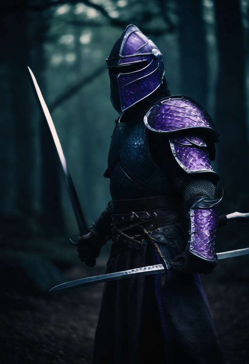 Black dragonborn with his right eye being blue and his left eye being purple wearing chainmail and holding a longsword and a shield, no helmet