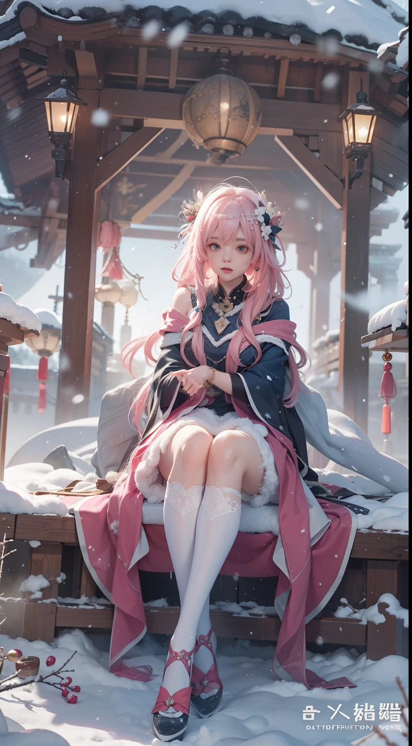 Works of masters,Best image quality,超高分辨率,8K分辨率,Sitting,solo person,femele,ssmile,long whitr hair,Pink hair,crossed bangs,Wave head,Bracelet,Collar,pendant,ta costume,snowflower,Winters,Temple,New Year,Opal rendering,Cinematic lighting,(Falling snow,cloaks),
