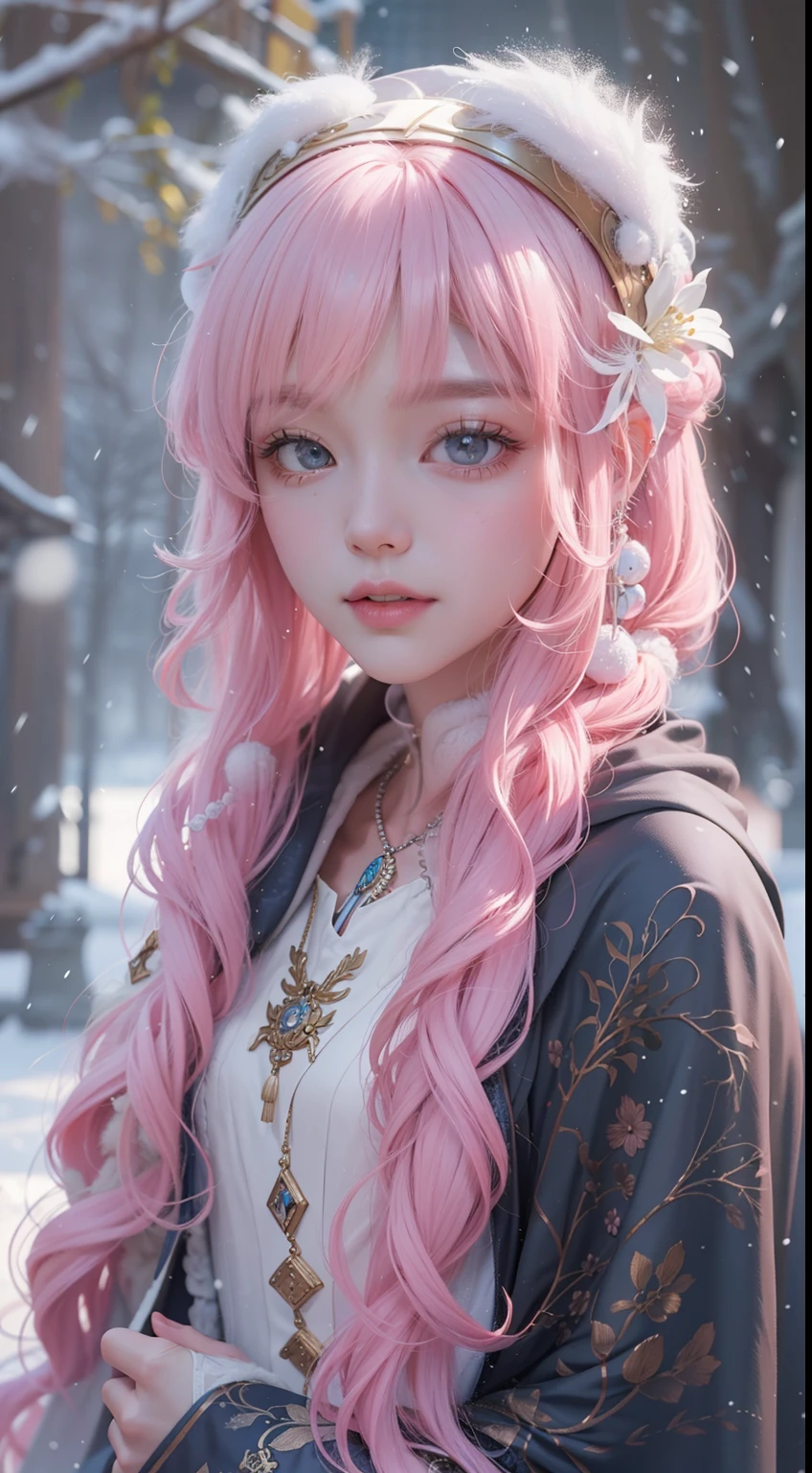 Works of masters，Best image quality，超高分辨率，8K分辨率，Sitting，solo person，femele，ssmile，long whitr hair，Pink hair，crossed bangs，Wave head，Bracelet，Collar，pendant，ta costume，snowflower，Winters，Temple，New Year，Opal rendering，Cinematic lighting，(Falling snow，cloaks)，