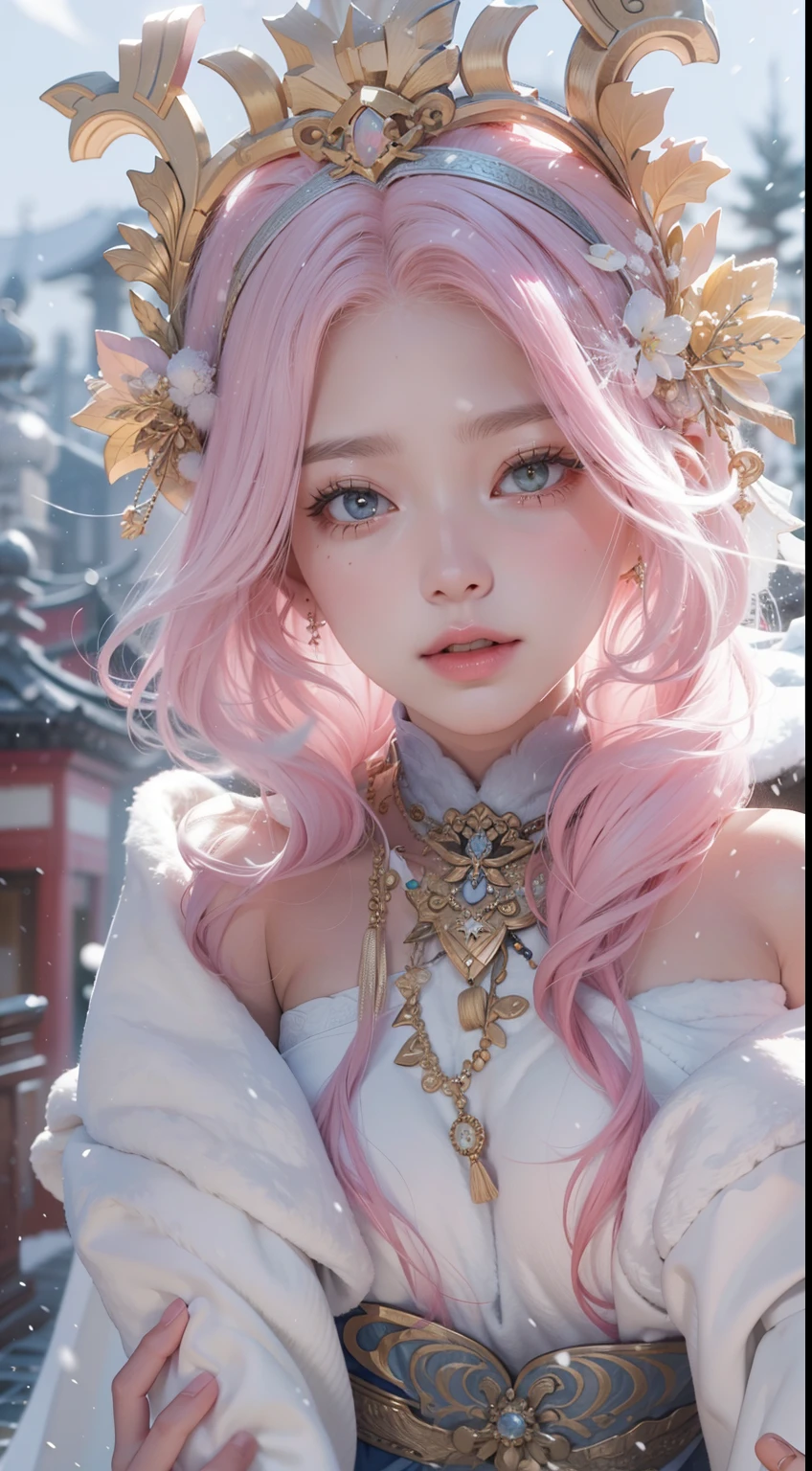 Works of masters，Best image quality，超高分辨率，8K分辨率，Sitting，solo person，femele，ssmile，long whitr hair，Pink hair，crossed bangs，Wave head，Bracelet，Collar，pendant，Lolita costume，snowflower，Winters，Temple，New Year，Opal rendering，Cinematic lighting，(Falling snow，cloaks)，