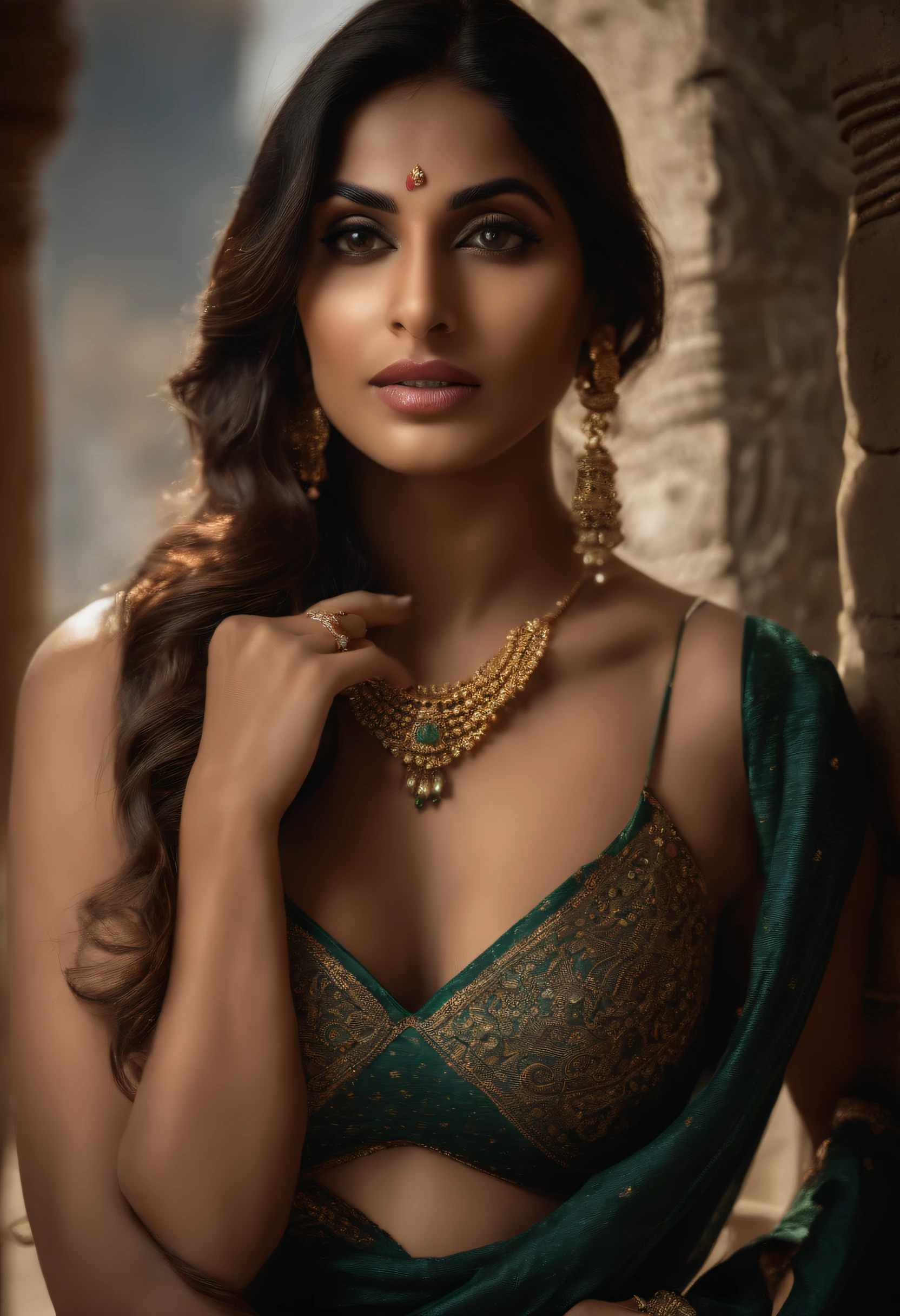 portrait of a Glamorous Bollywood (Indian woman:1.4) model, exposed tits, kkw-ph1 (1girl, (dark, darkness), cinematic lighting) BREAK photorealistic, asymmetry, (full body), masterpiece, HDR, best quality, skin pores, detailed face_and_eyes, realistic human hands, detailed, centerfold, 8k, ((rgb, historical, heritage, ancient), historian), Indian historical site, ancient ruins, cultural heritage, lora:HistoricalJourneyV2:0.8) BREAK photorealistic, historical exploration, HDR, best quality, delving into India's rich past."