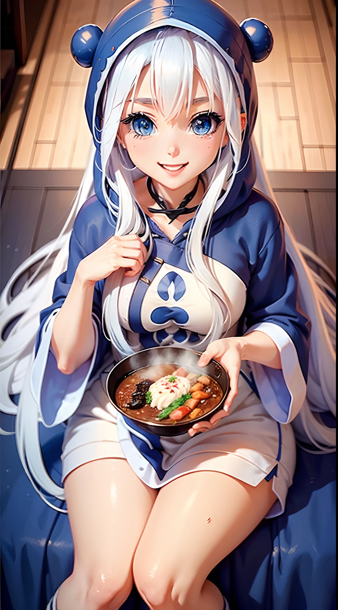 Picture an anime character, a young woman with long, flowing, beautifully white hair, wearing a snug-fitting blue hoodie, delighting in Korean food, dongoo. Her face beams with joy, displaying a warm smile and mesmerizing blue eyes. The expression on her face exudes genuine happiness as she savors each bite of the dish she holds. She carries an aura of grace and warmth, creating a unique charm in her character.anime style. 4k quality