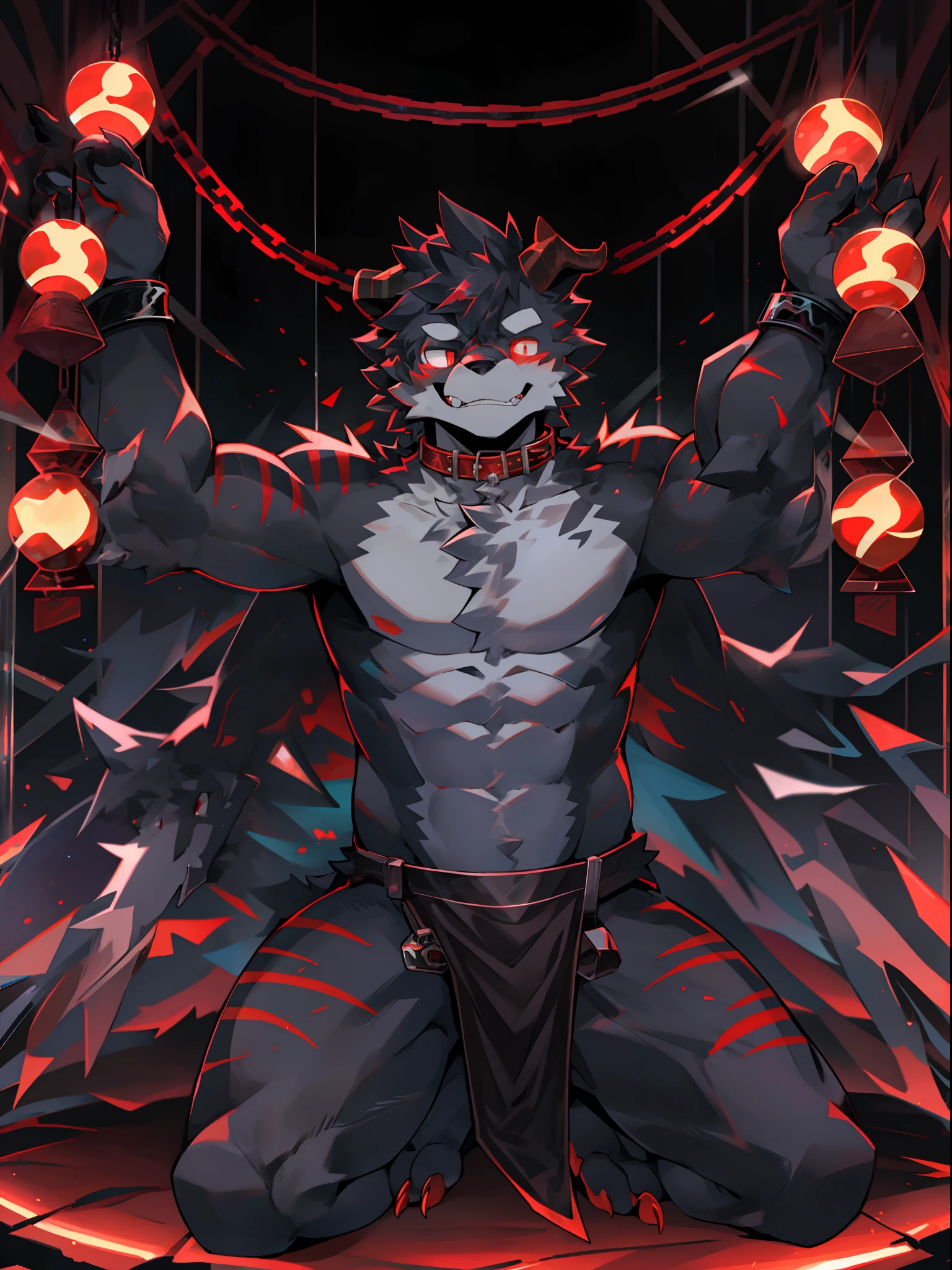 Artificial Intelligence Dragon Man,Full body like,solo person,独奏,Furry orcs,dragon wolf hybrid,Male,Correct male body proportions(Two hands and two feet),Adult,Black loincloth。A pair of dragon wings,Black dragon horns,Pure black skin,Demon avatars,Small eyes on the skin,Tentacles that grow on the body,red striped,sharp talons,drools,Black eye sockets,Red eyes,glowing light eyes,Chains,In a glass display case,Chaotic World,Kneel,There are meat pads,adolable,Sense of oppression,Handsome,Cute meat pad,Collar