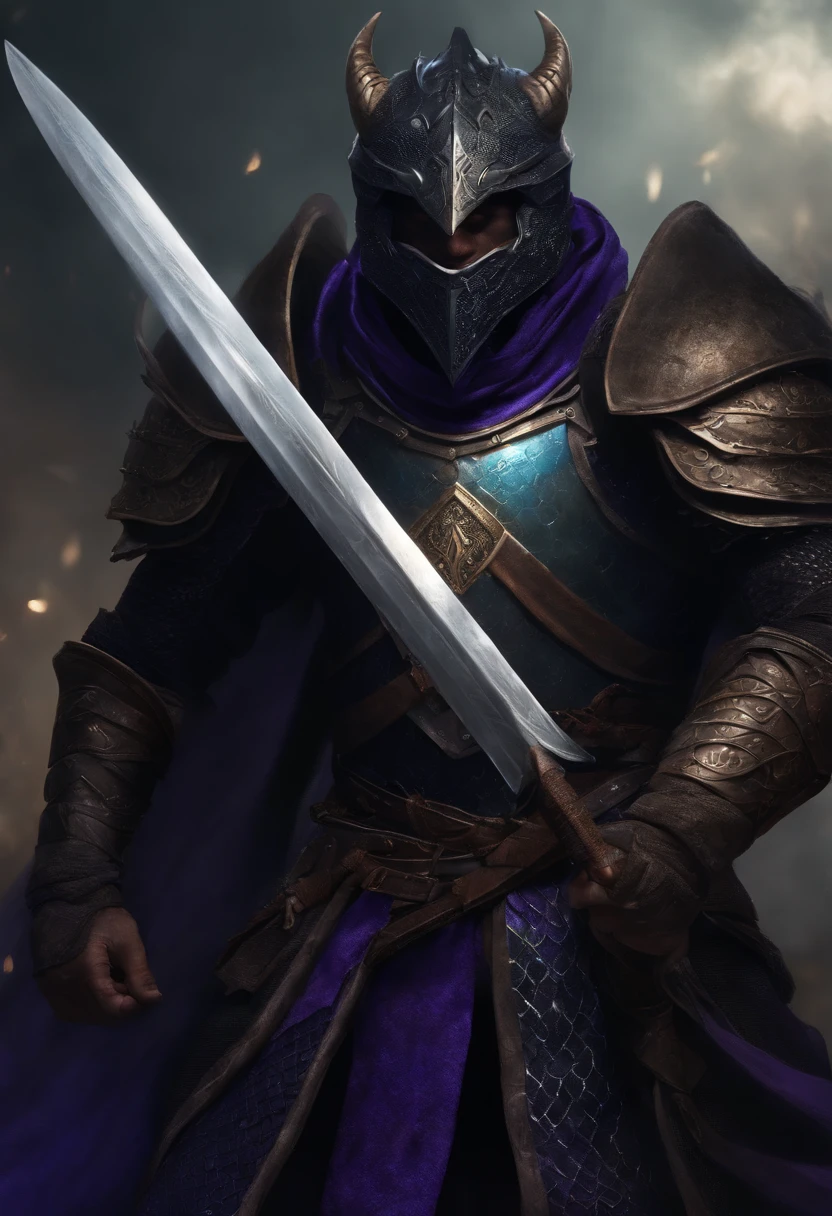 Black DRAGONBORN with his right eye being blue and his left eye being purple wearing chainmail and holding a longsword and a shield, no helmet