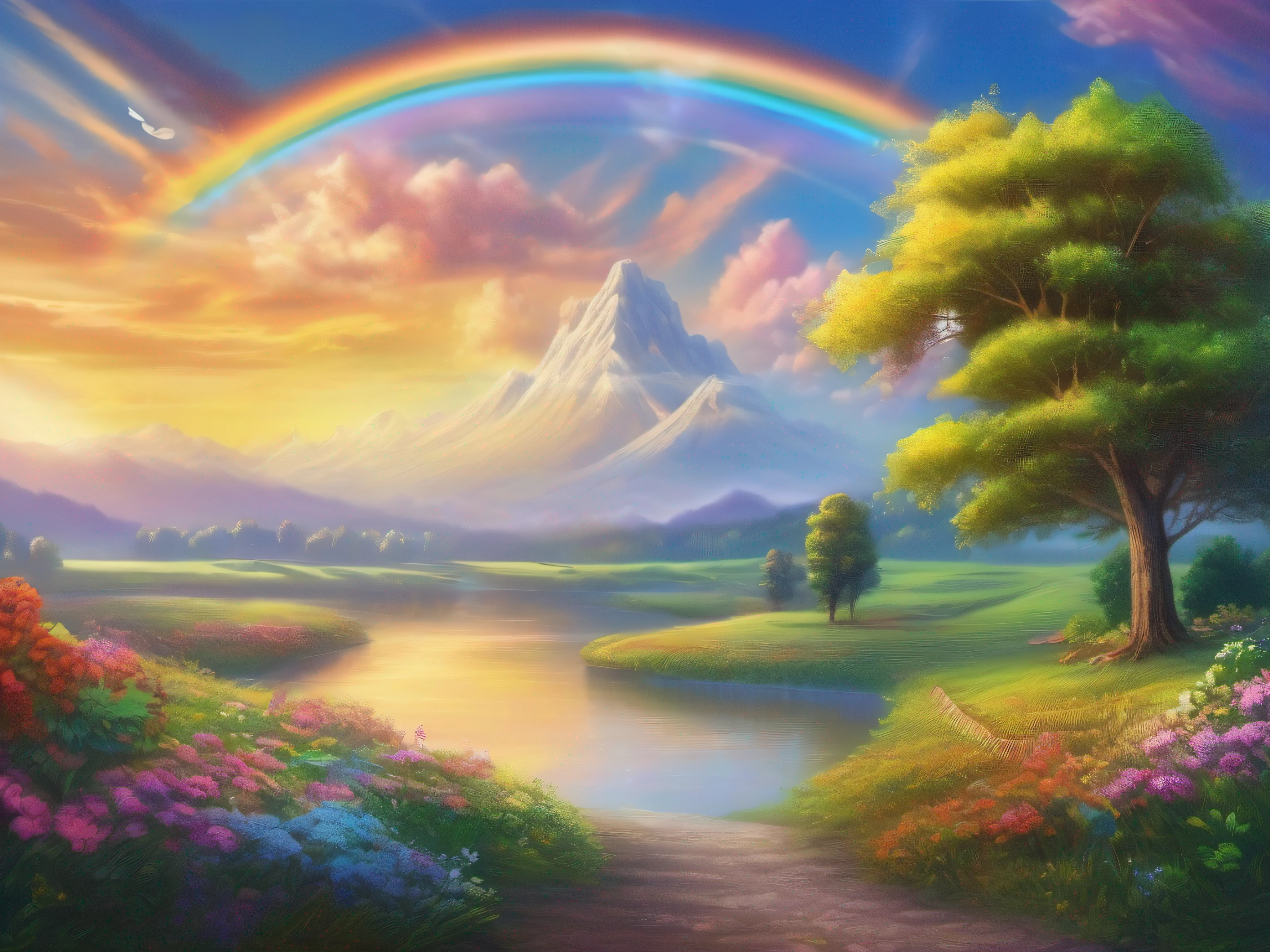 best quality,ultra-detailed,realistic,over the rainbow,landscape,bright colors,vivid sky,flying birds,green meadows,colorful flowers,serene river,peaceful surroundings,soft clouds,natural beauty,sunlight filtering through,impressive view,light breeze,calm atmosphere,magical aura,brilliant colors blend harmoniously,happy and joyous,peaceful and tranquil,beautifully-arched rainbow across the sky,vibrant and breathtaking scenery,a moment of awe and wonder,feeling of serenity,blissful harmony with nature,whisper of enchantment,where dreams come alive