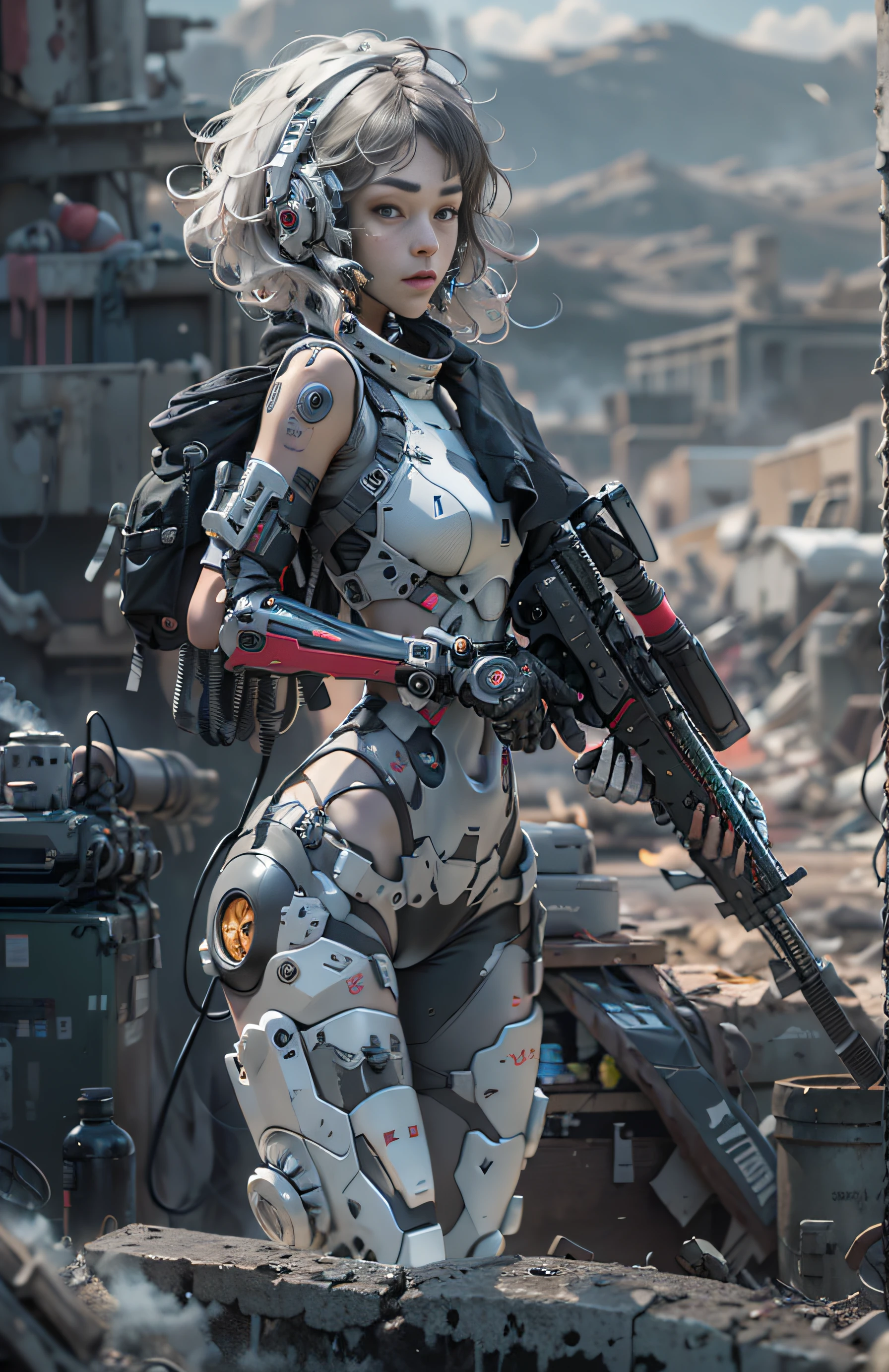 This is a hyper-detail、Ultra-high facial detail，High resolution and top quality CG Unity 8k wallpaper，The style is cyberpunk，high resolution,, Solo, Hips up,Mainly black and red。In the picture, a beautiful girl with short hair with white messy hair appears，s delicate face，Wearing a steam mech，standing on ruins，The action of a woman holding a heavy sniper rifle in her hand