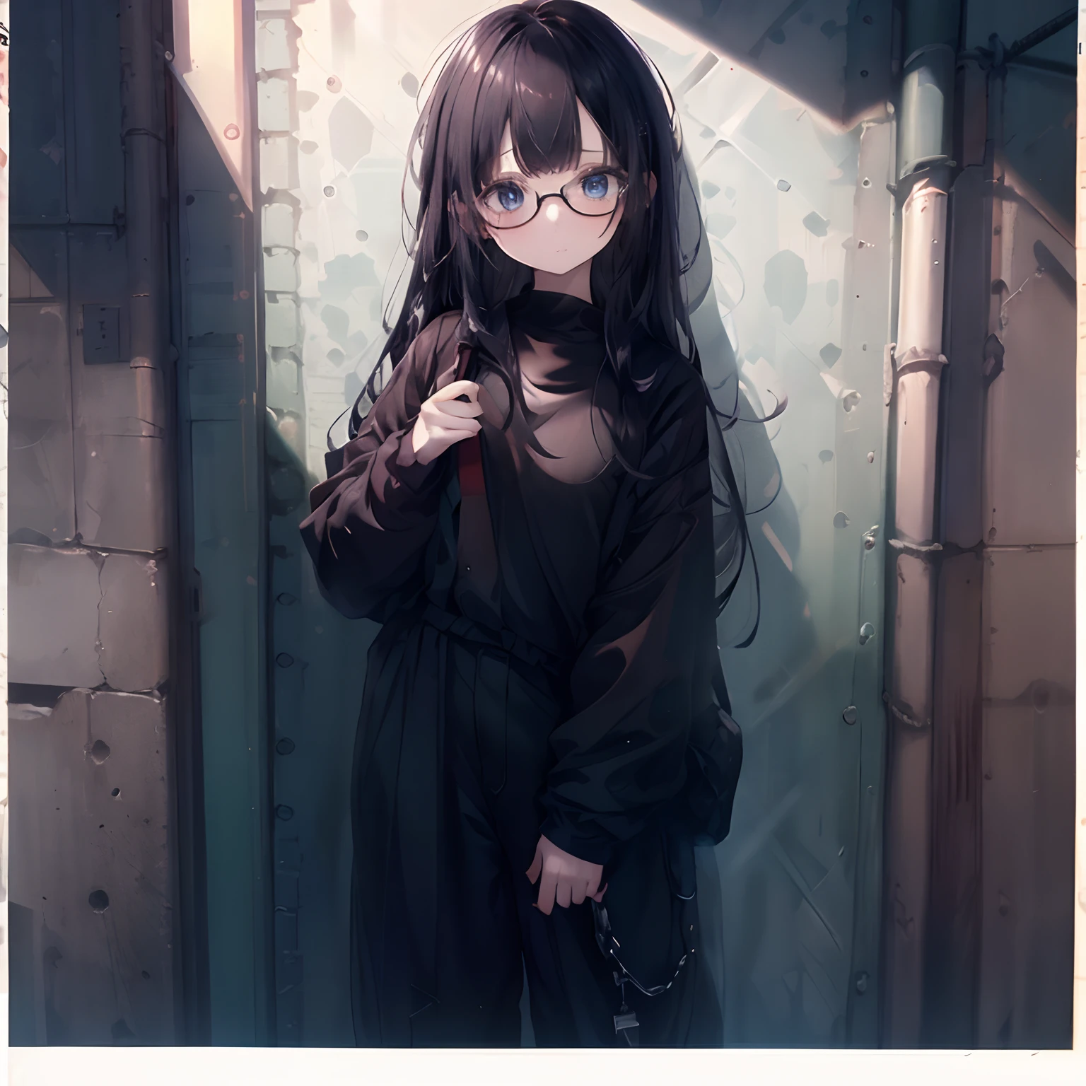 1girl, long black hair, blue eyes, wearing prison jumpsuit, prison, absurdres, high res, ultrasharp, 8K, masterpiece, looking at viewer,wearing glasses,