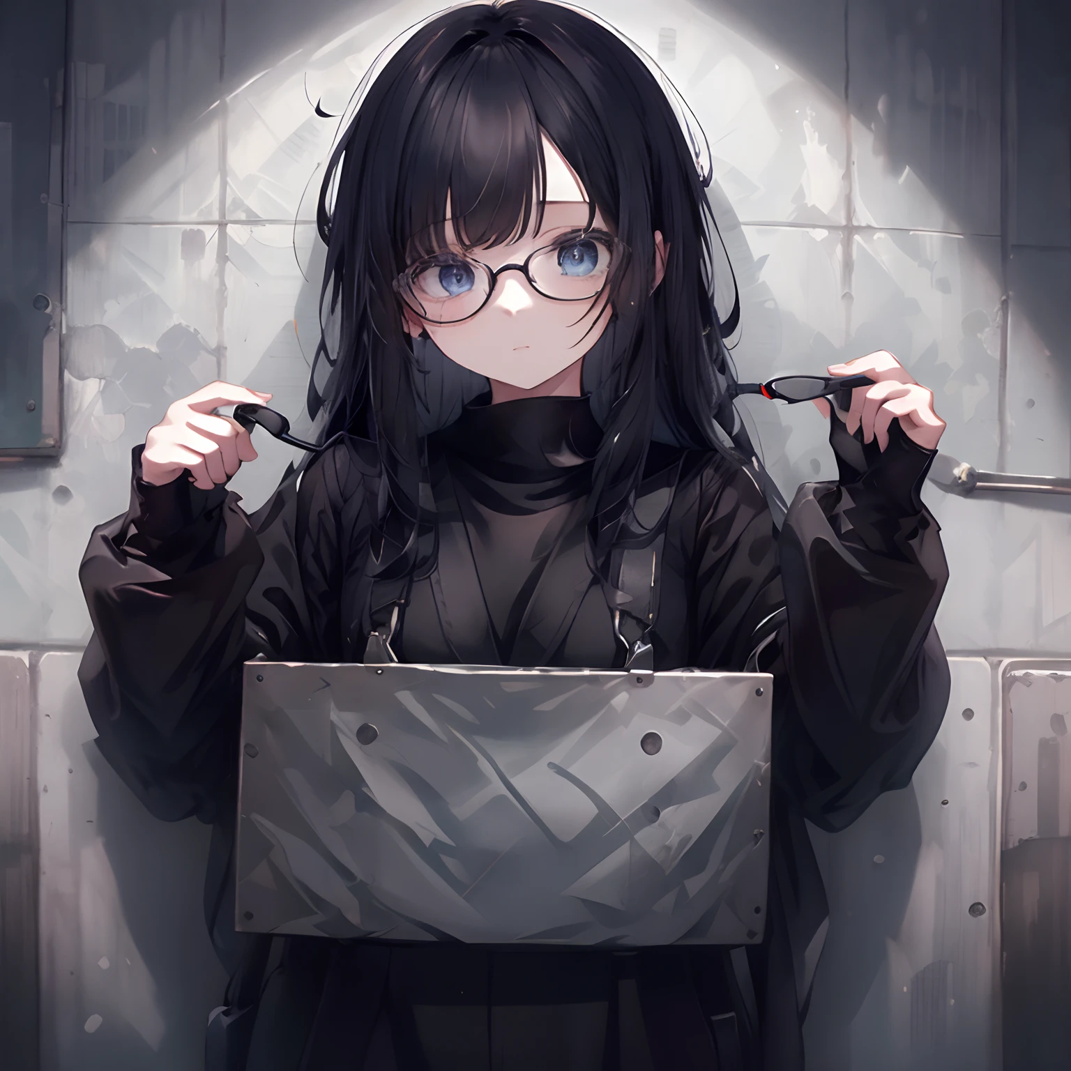 1girl, long black hair, blue eyes, wearing prison jumpsuit, prison, absurdres, high res, ultrasharp, 8K, masterpiece, looking at viewer,wearing glasses,