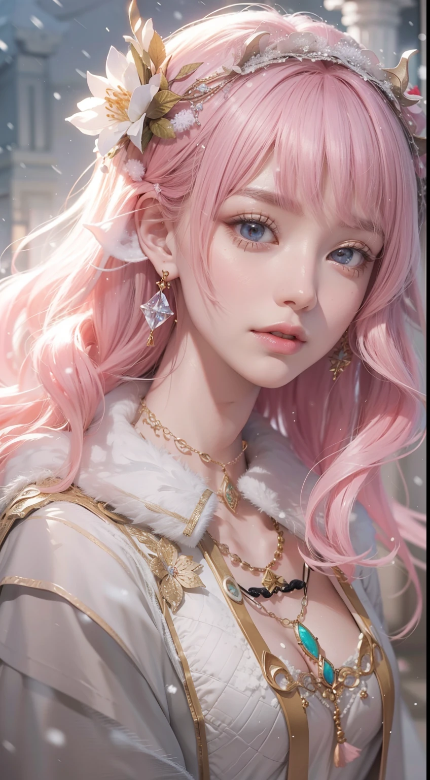 Works of masters,Best image quality,超高分辨率,8K分辨率,Sitting,solo person,femele,ssmile,long whitr hair,Pink hair,crossed bangs,Wave head,Bracelet,Collar,pendant,ta costume,snowflower,Winters,Temple,New Year,Opal rendering,Cinematic lighting,(Falling snow,cloaks),