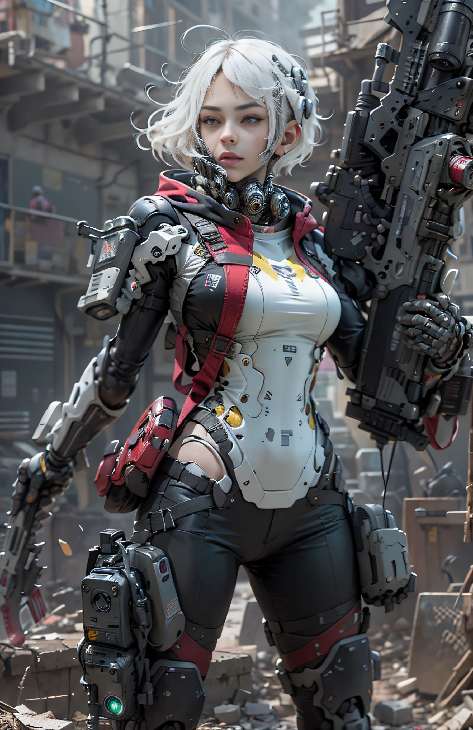 This is a hyper-detail、Ultra-high facial detail，High resolution and top quality CG Unity 8k wallpaper，The style is cyberpunk，high resolution,, Solo, Hips up,Mainly black and red。In the picture, a beautiful girl with short hair with white messy hair appears，s delicate face，Wearing a steam mech，standing on ruins，The action of a woman holding a heavy sniper rifle in her hand