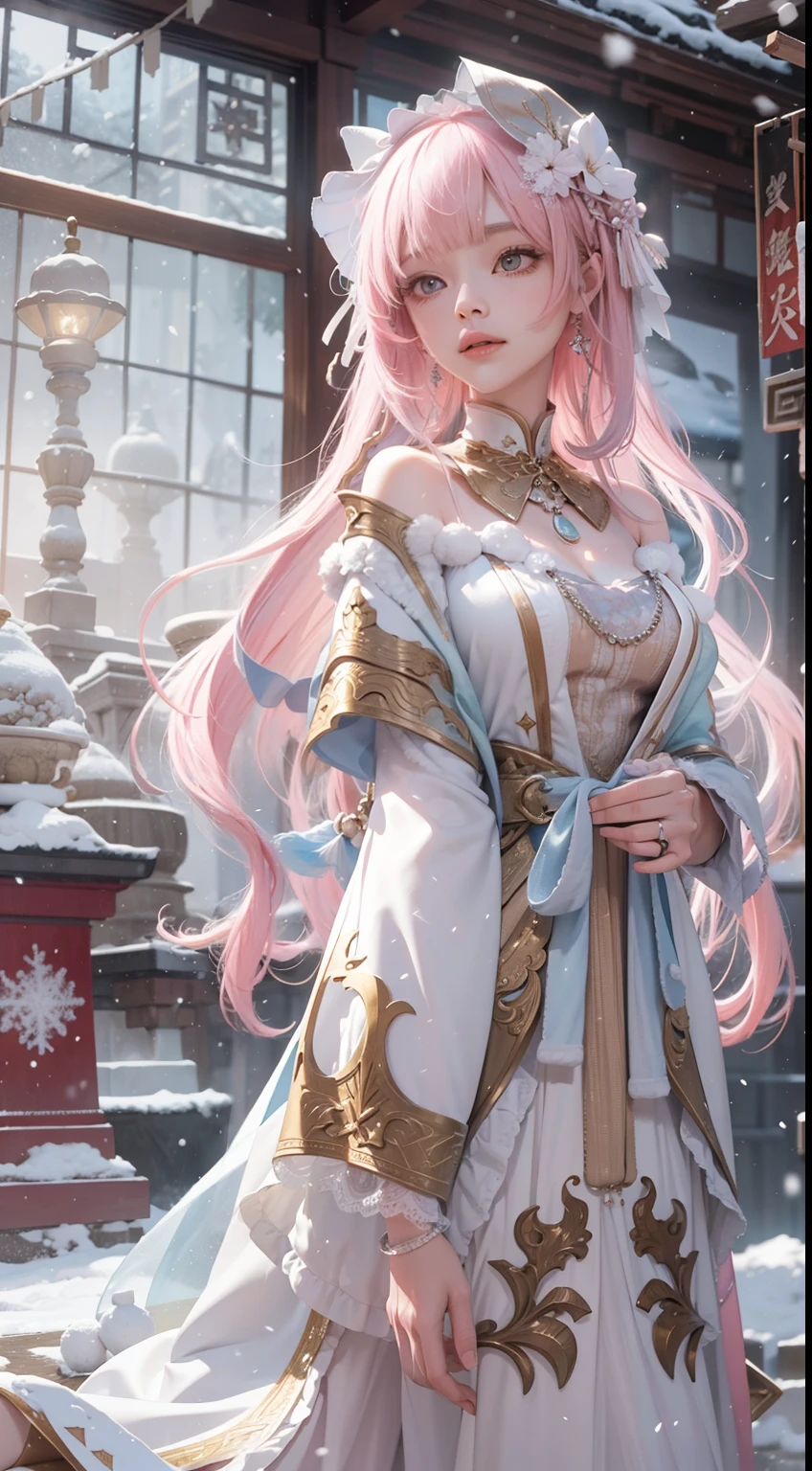 Works of masters,Best image quality,超高分辨率,8K分辨率,Sitting,solo person,femele,ssmile,long whitr hair,Pink hair,crossed bangs,Wave head,Bracelet,Collar,pendant,ta costume,snowflower,Winters,Temple,New Year,Opal rendering,Cinematic lighting,(Falling snow,cloaks),