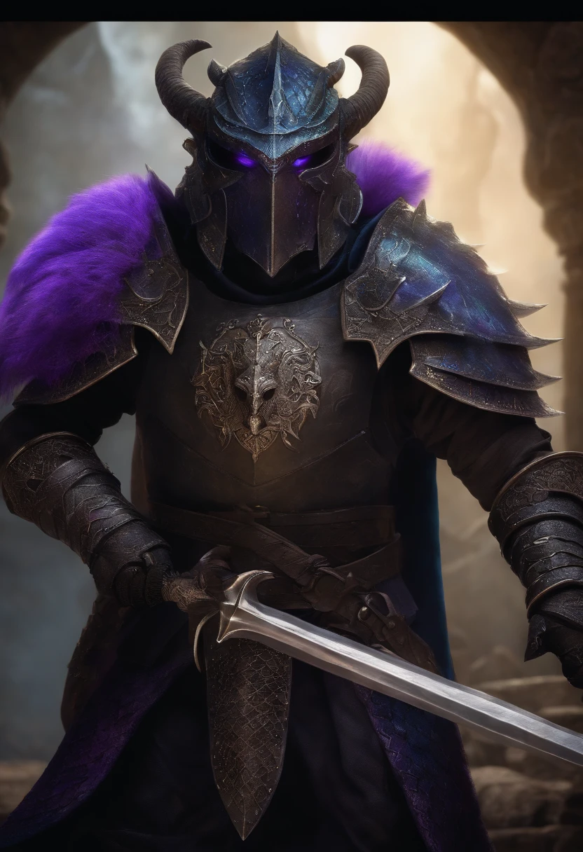 Black dragonborn with his right eye being blue and his left eye being purple wearing chainmail and holding a longsword and a shield