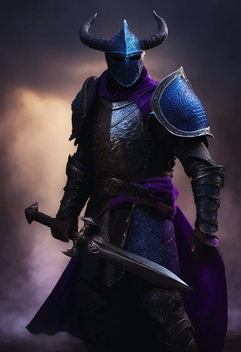 Black dragonborn with his right eye being blue and his left eye being purple wearing chainmail and holding a longsword and a shield