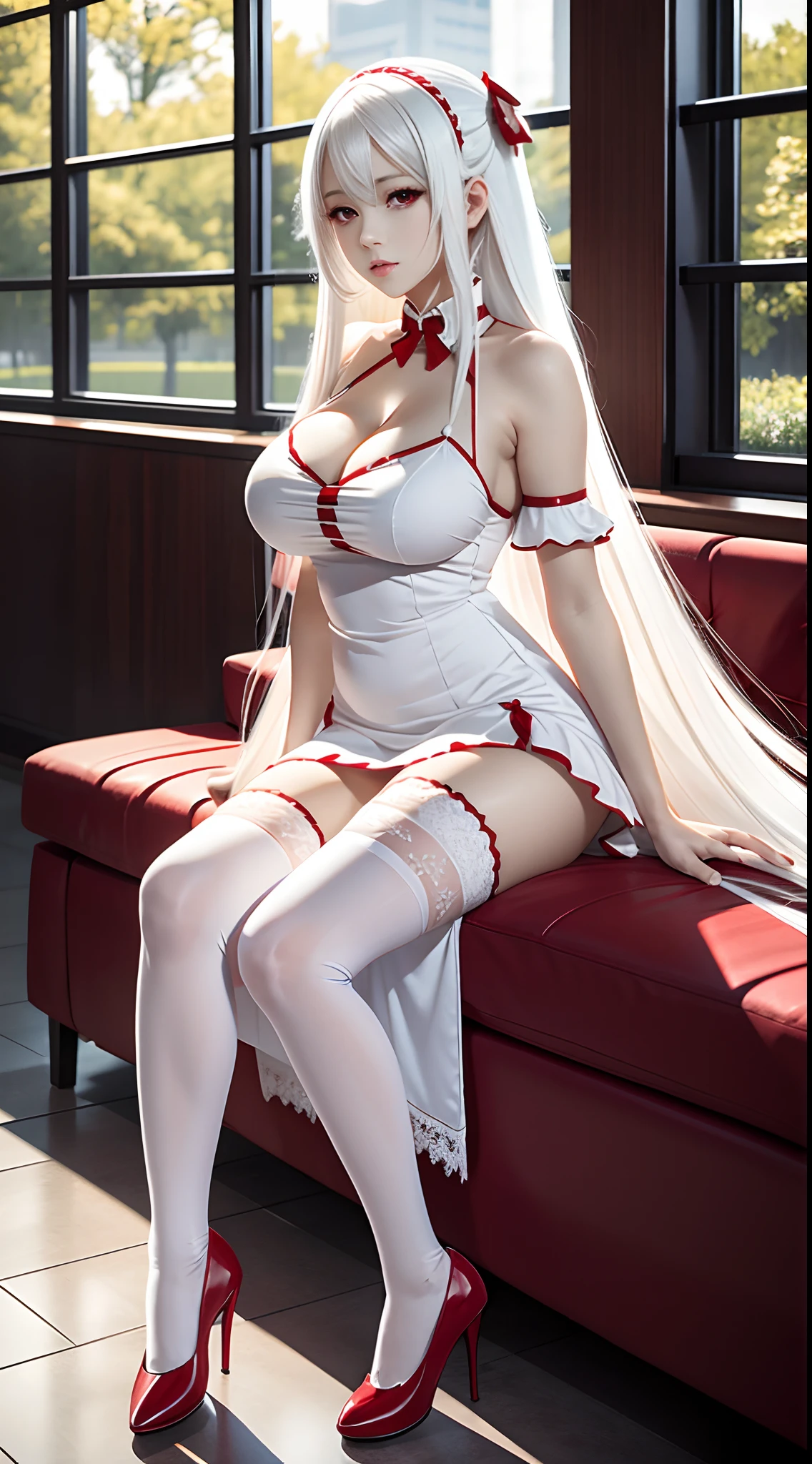 masterpiece, best quality, long hair, white hair, red eyes, revealing dress, white thighhighs, ojousama, shoes , {{large breasts}},