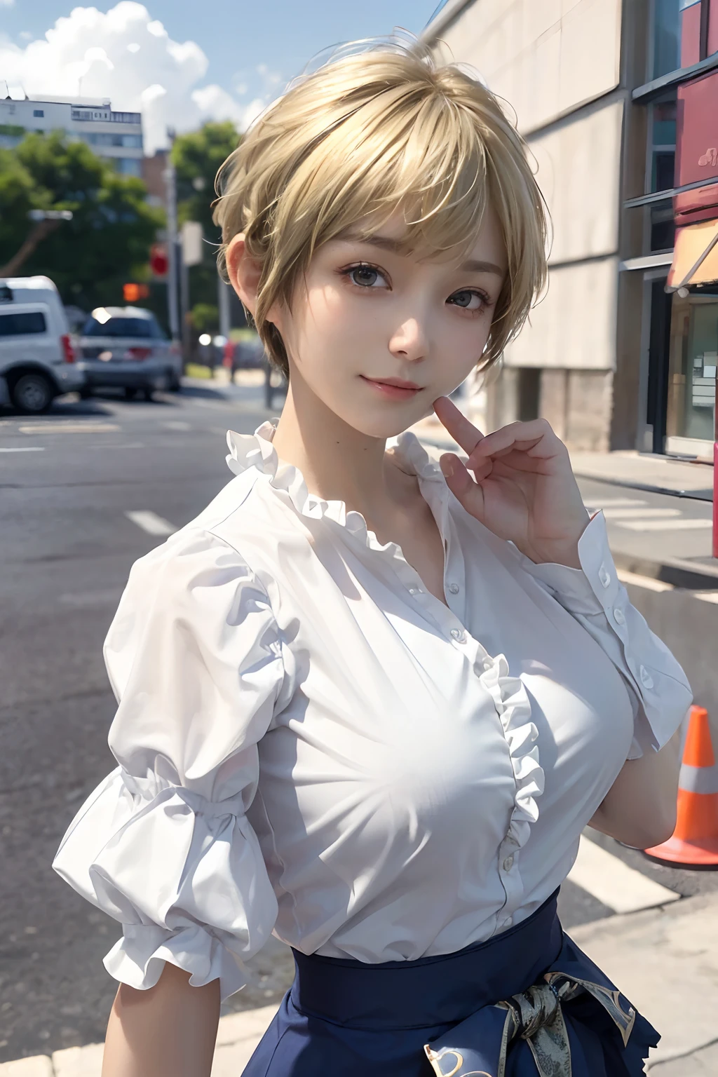 ((top-quality、8K、masterpiece:1.3)),Clear, Fine-grained skin、Beautiful clear eyes、(Big breasts:1.6)、cleavage of the breast、(Backshots:1.5)、Carefree and natural smile、(Pixie cut blonde hair:1.5)、(Hair disheveled in the wind:1.3)、(Cute shirt with ruffles:1.5)、Beautiful girl with a smile、Citizen Pool、(thin-waist:1.3)、(Dynamic and provocative poses:1.2)、