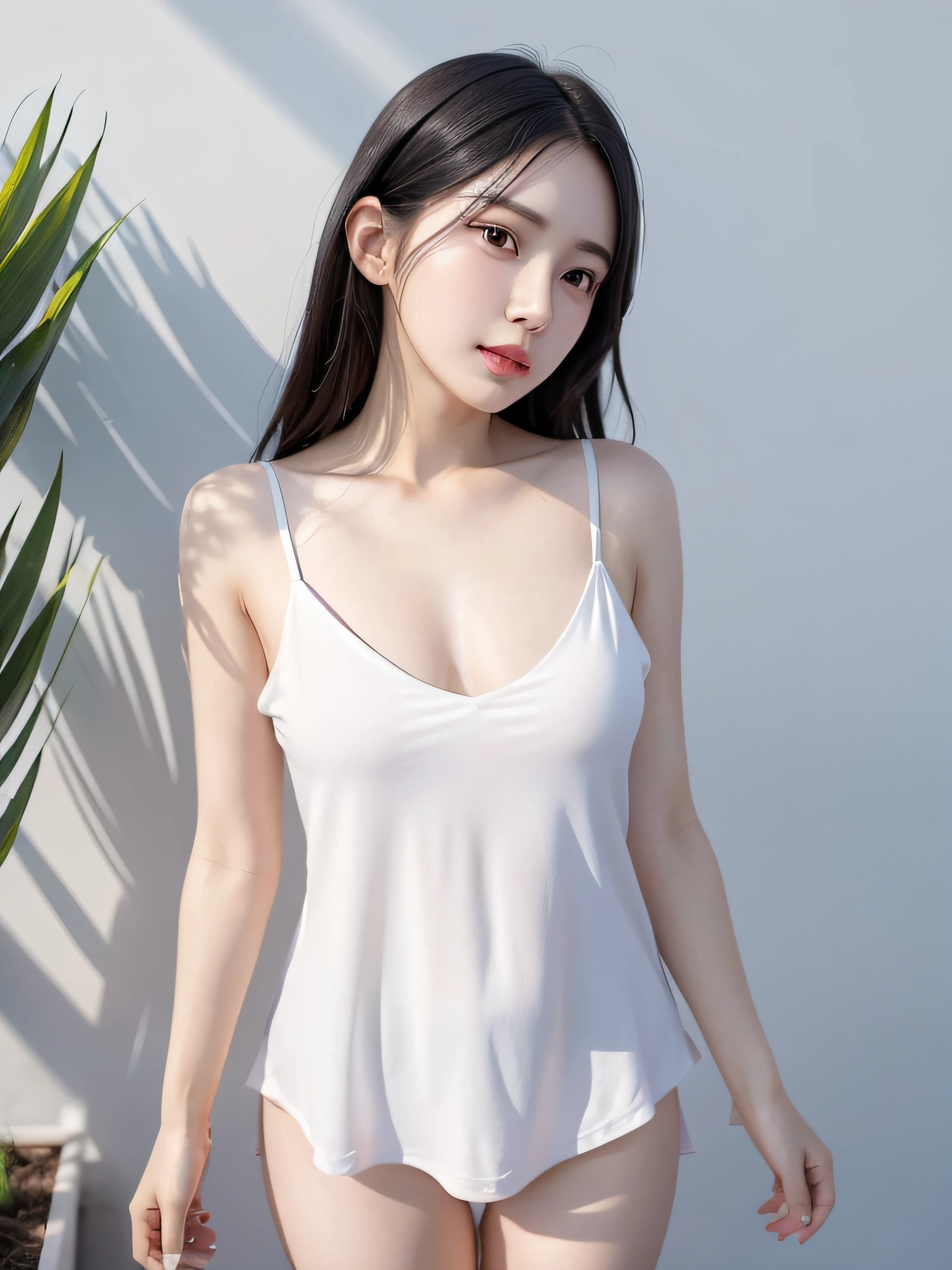 Girl in white clothes, Realistic Shadows, Detailed skin, Very small breasts, Black hair, Very detailed, 8K highly detailed face, Perfect face shape, Perfect lips, Perfect nose, Correct beautiful eyes, Watching Viewer, masutepiece, Best Quality, Single Girl, No bra, No panties, Solo