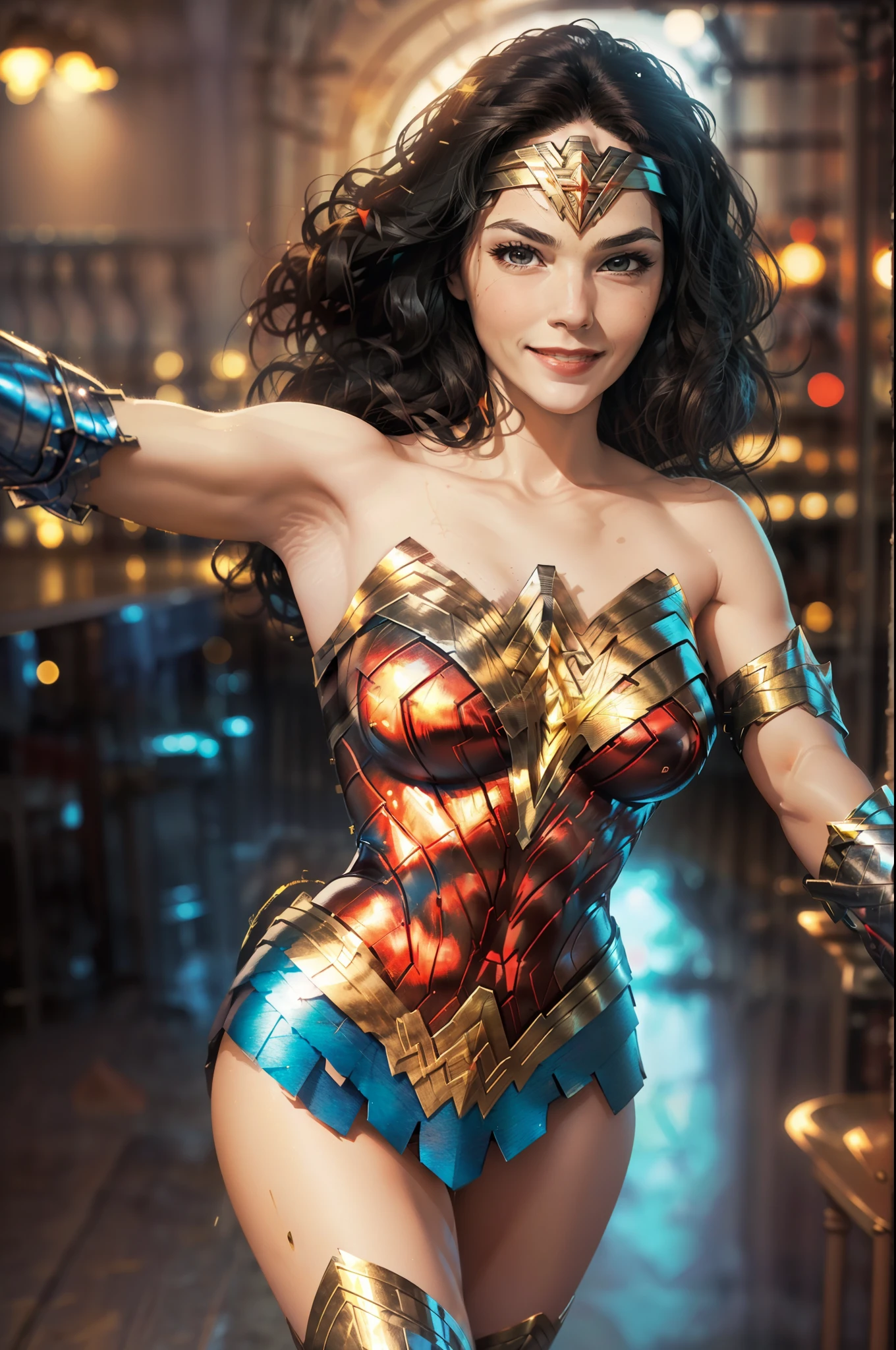 Wonder woman, Portrait photo by Altgarm, realism style, Glowing skin, Cartoon hero, Natural light, Defined lips, Strong physical strength, Feminine body, Full body, viewer, (Smile:1.2), Depth of field f/1.8, studio shot, (((looking in camera))), Camera orientation, ellen von unwerth, (Sexy Pose:1.5)