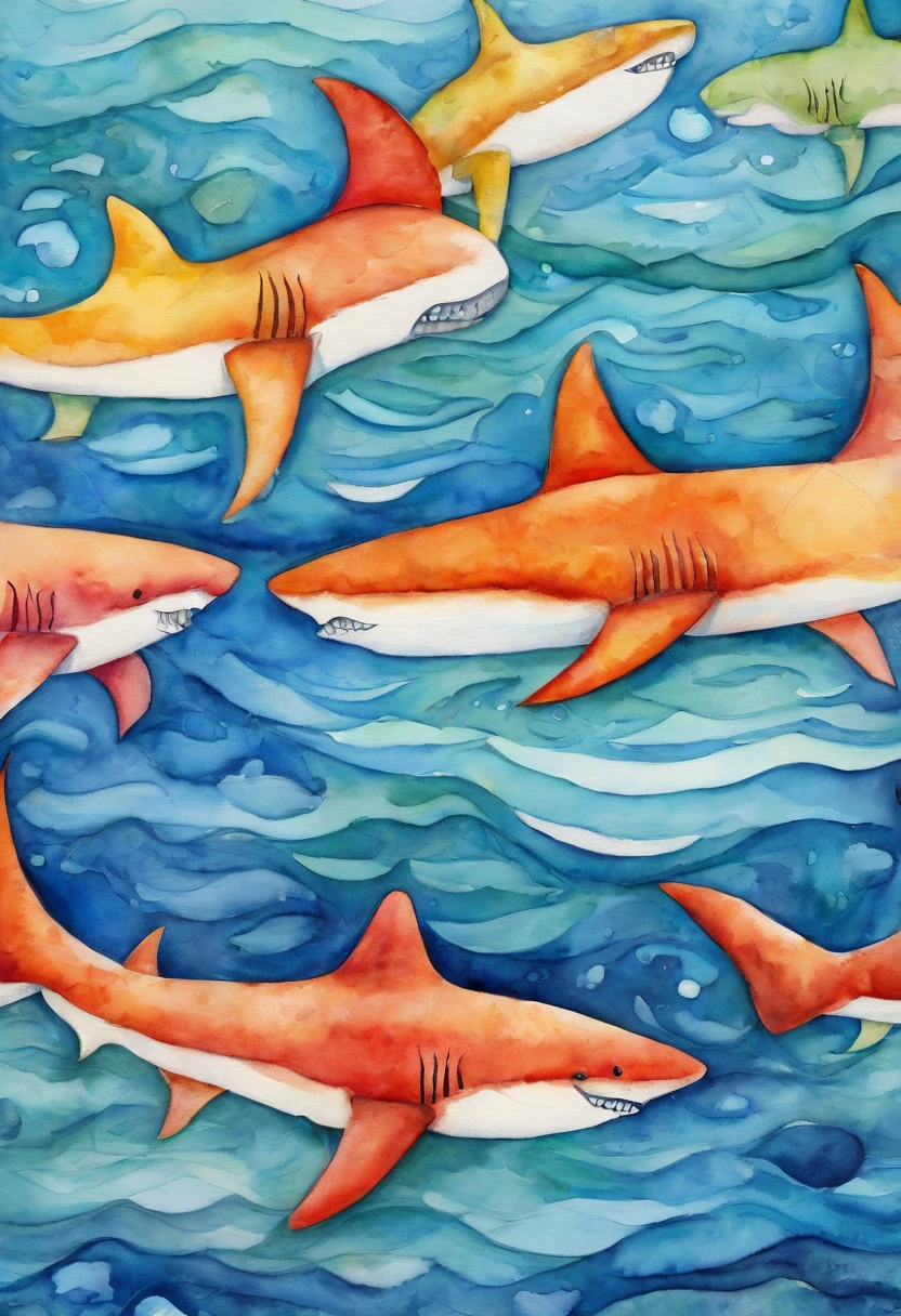 Shark tails emerge from the water