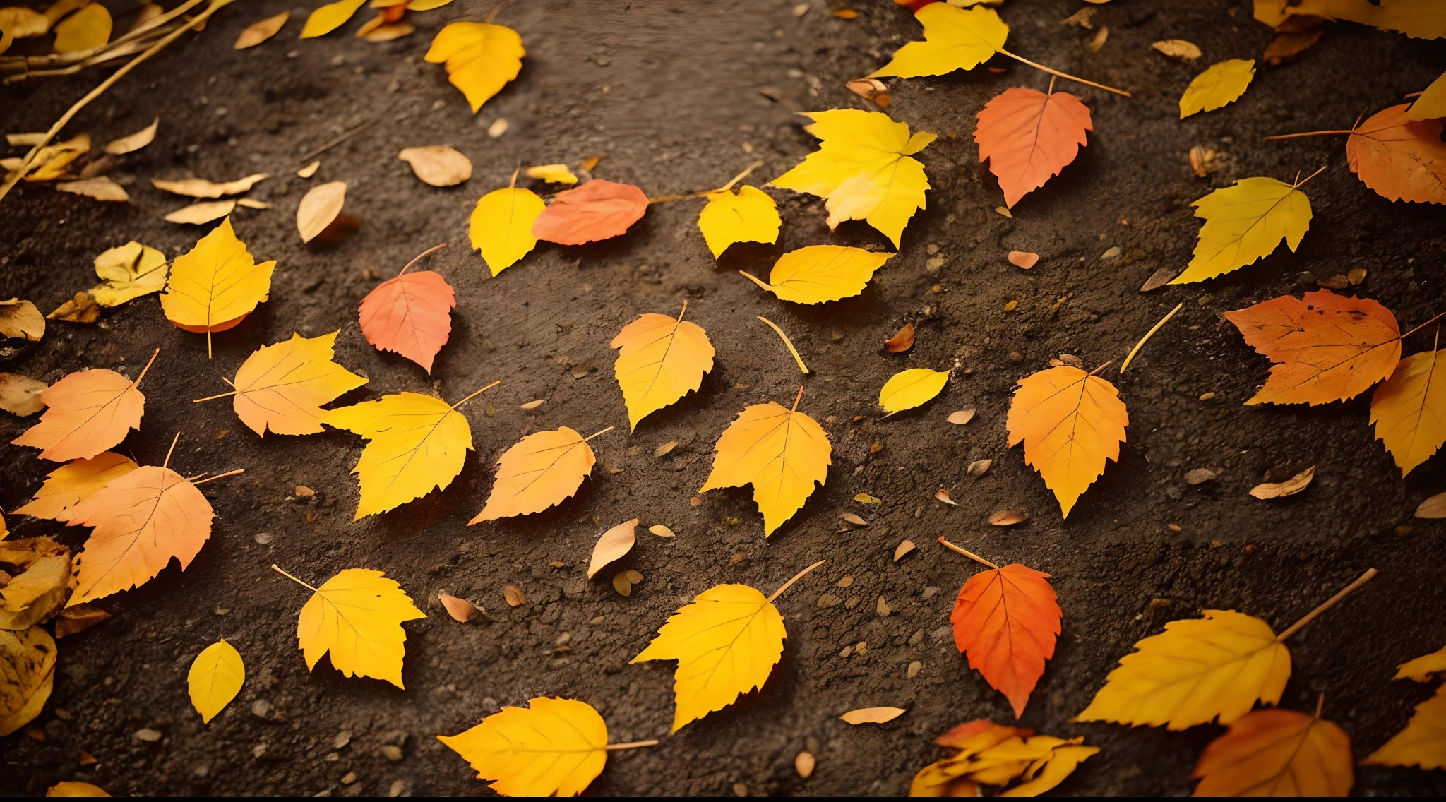 beginning of autumn、Close up of fallen leaves piled up on the ground、very real、photo-like、 masterpiece, Best Quality, hight resolution, 8K