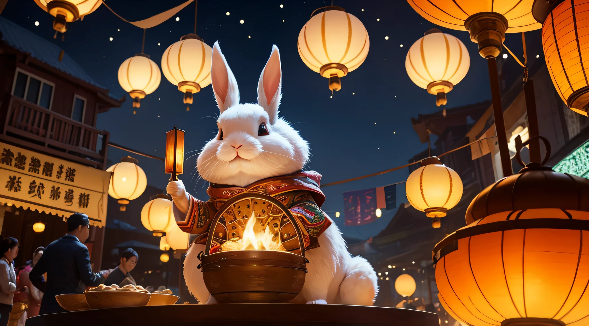 A rabbit enjoying dumplings during the Lantern Festival, with the warm glow of lanterns and the mesmerizing fireworks lighting up the evening sky. The scene unfolds in a panoramic view, showcasing the bustling atmosphere and the joyful celebration. The artwork will exhibit the magical combination of Be-hance3D and illustrations, creating a visually stunning and immersive experience. The rabbit is depicted with intricate details, showing its fluffy fur and adorable expression. The dumplings are presented in mouthwatering details, with steam rising from them. The lanterns are vibrant and colorful, casting a soft glow that illuminates the surrounding area. The fireworks burst into the sky, painting it with brilliant colors and mesmerizing patterns. The overall image quality will be of the highest standard, with a focus on every element. The colors will be vivid, capturing the festive spirit, and the lighting will be carefully curated to enhance the atmosphere. The prompt will enable Stable Diffusion to generate a mesmerizing and delightful artwork that captures the essence of the Lantern Festival, evoking a sense of joy and celebration.