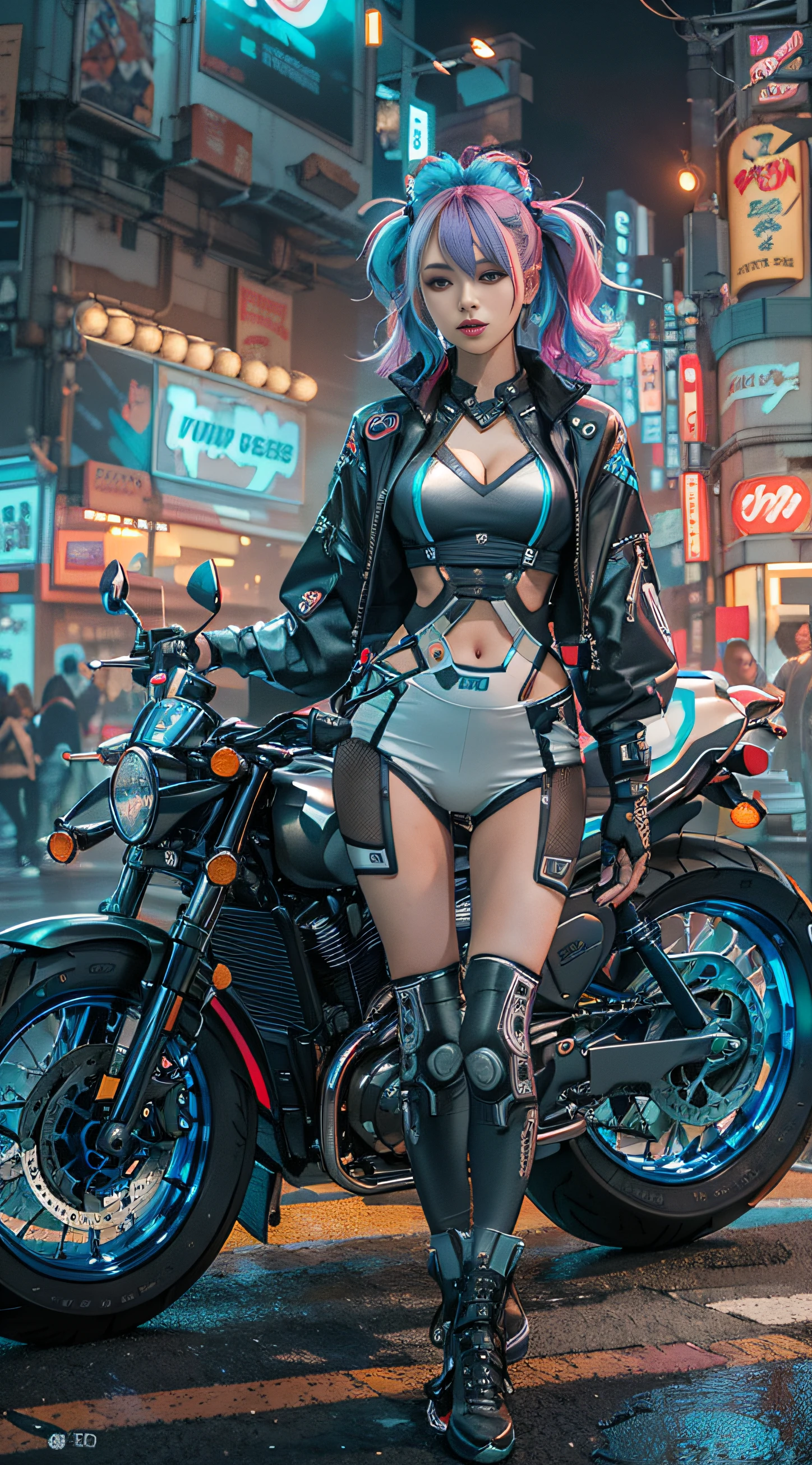 Masterpiece, Best quality, Confident cyberpunk girl, Full body shot, ((Stand in front of the motorcycle)), Popular costumes in Harajuku style, Bold colors and patterns, Eye-catching accessories, Trendy and innovative hairstyle, Vibrant makeup, Cyberpunk's dazzling cityscape, skyscrapper, Neon signs, LED lights, Bright and vivid color scheme, anime big breast, illustration, Detailed skin texture, Detailed cloth texture, Beautiful detailed face, Intricate details, Ultra detailed.