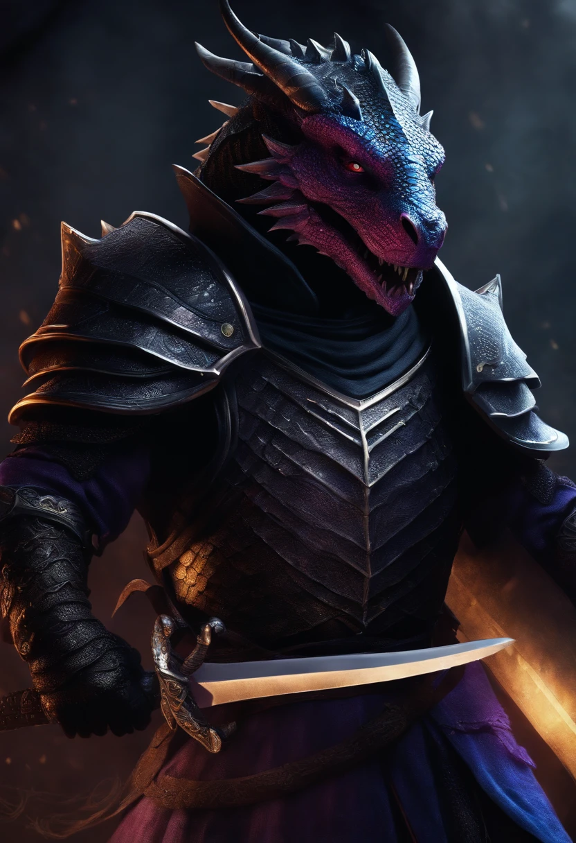 black dragonborn, one blue eye, one purple eye wearing chainmail, holding a longsword and a shield
