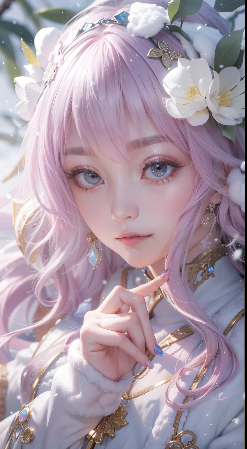 Works of masters,Best image quality,超高分辨率,8K分辨率,Sitting,solo person,femele,ssmile,long whitr hair,Pink hair,crossed bangs,Wave head,Bracelet,Collar,pendant,ta costume,snowflower,Winters,Temple,New Year,Opal rendering,Cinematic lighting,(Falling snow,cloaks),