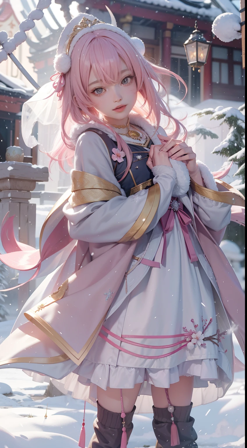 Works of masters，Best image quality，超高分辨率，8K分辨率，Sitting，solo person，femele，ssmile，long whitr hair，Pink hair，crossed bangs，Wave head，Bracelet，Collar，pendant，ta costume，snowflower，Winters，Temple，New Year，Opal rendering，Cinematic lighting，(Falling snow，cloaks)，