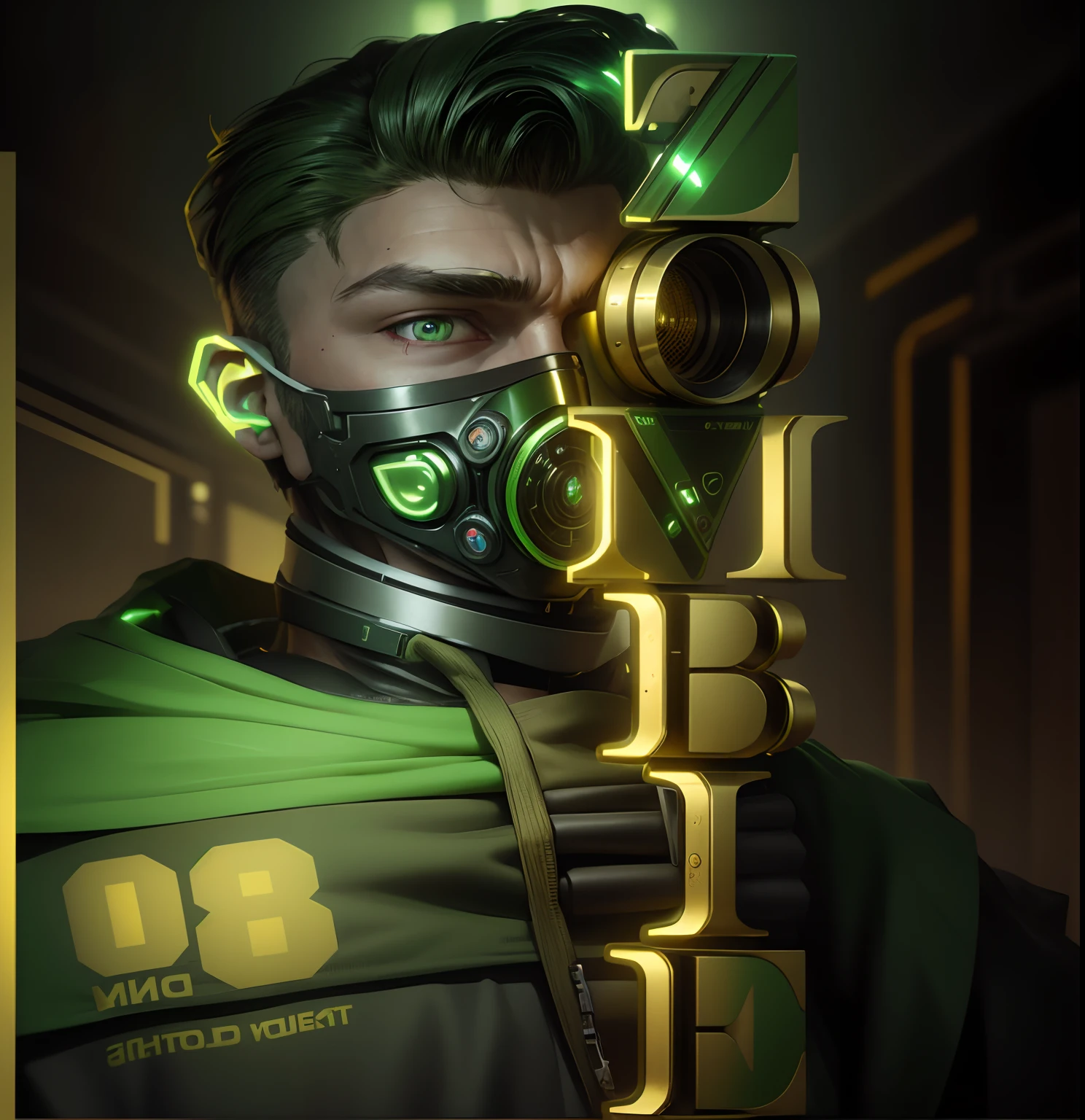 Portrait of cyborg man, green eyes ,monkey, model face, exposed wires, gold oil escaping from rusty wires,8k , ultra hd, handsome, handsome boy, connected a wires neck to ear , wear a face mask, mask,dslr ultra hd photo,dslr , ear colour green, blink a green lamp in ear , wires connect from neck to ear