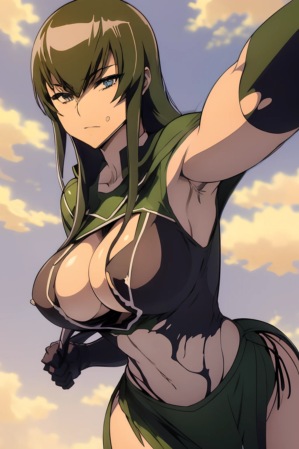 Saeko Busujima, Woman in a superhero costume flying through the air, capa verde, capa ondeando, botas verdes, Chica poderosa, Ella - RA, She-Ra, Superchica, female superhero proportions, super-hero girl, Ferra mecha blanco, cuerpo completo, anatomia perfecta, mirando al espectador,