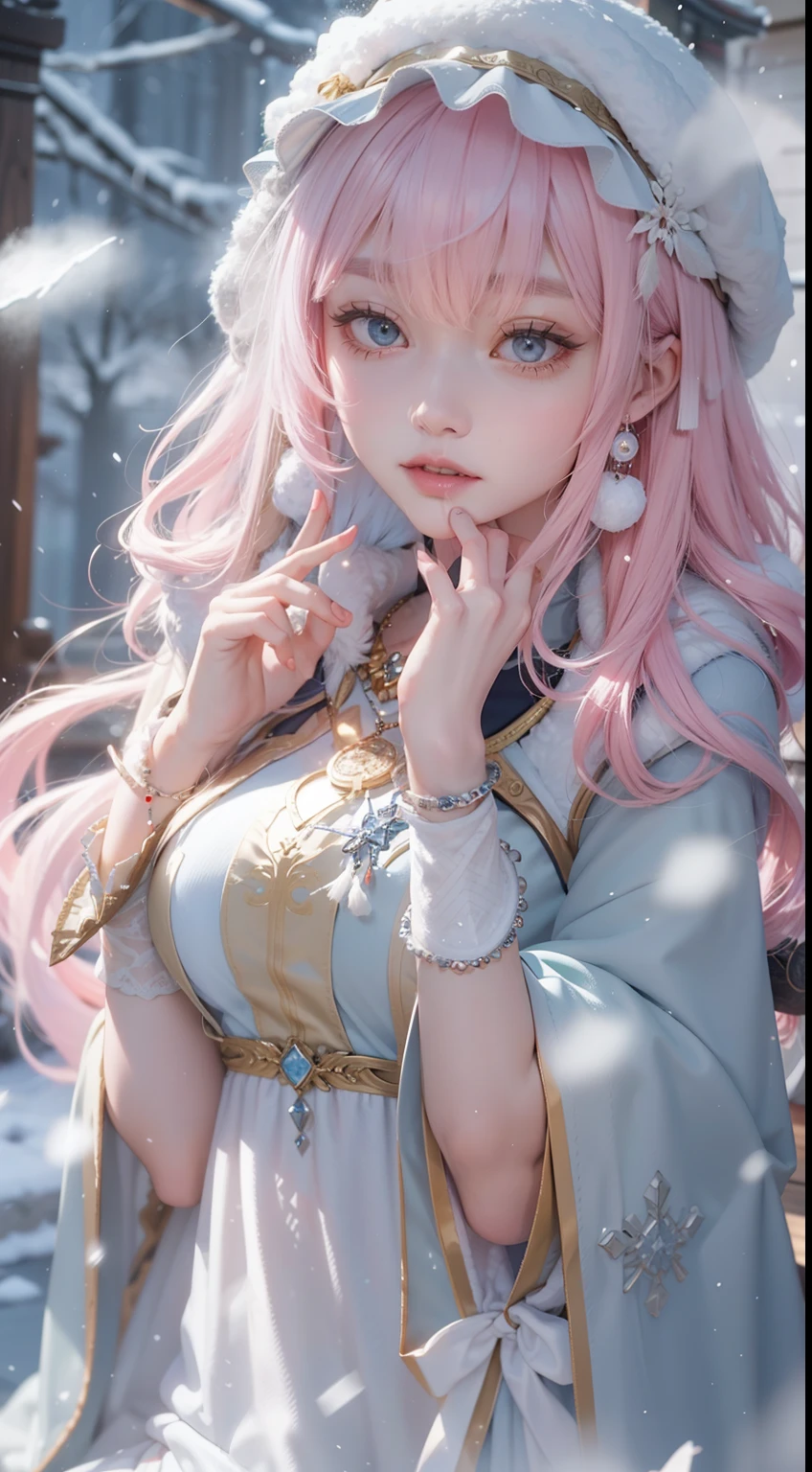 Works of masters,Best image quality,超高分辨率,8K分辨率,Sitting,solo person,femele,ssmile,long whitr hair,Pink hair,crossed bangs,Wave head,Bracelet,Collar,pendant,ta costume,snowflower,Winters,Temple,New Year,Opal rendering,Cinematic lighting,(Falling snow,cloaks),