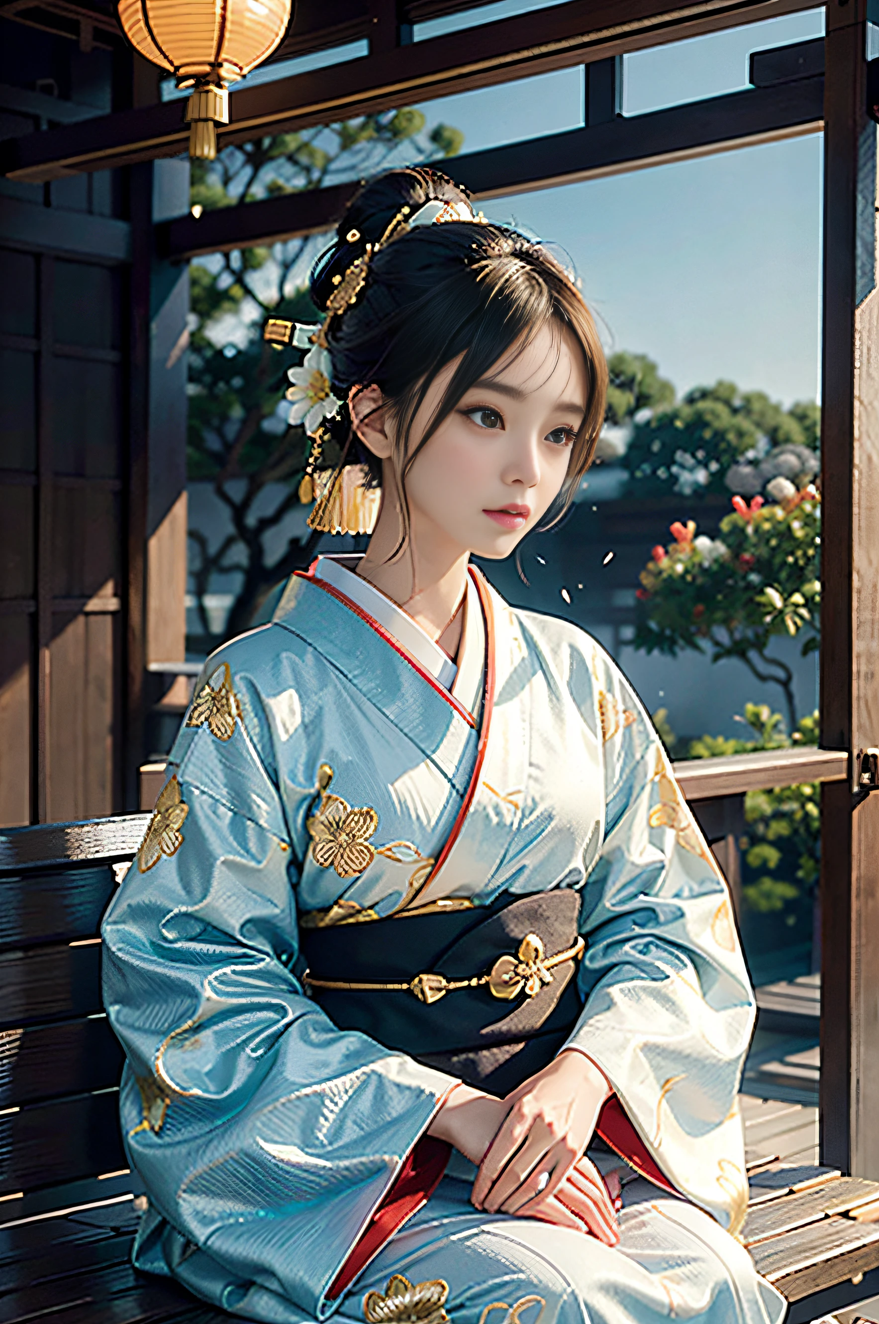 Best Quality, masutepiece, hight resolution, (exquisite body:1.5),gorgeous faces,(Very white skin:1.3),Intricate details,High resolution,Wallpaper, Facial shades 1 girl, Solo, Dress, Very detailed face, Hair Ornament, (((white background and gold and red kimono))), (((Yukata))), Flowers, Long hair, Light brown hair, Closed mouth, Jewelry, Long sleeves, Hand up, Wide sleeves, Japan obi, Big eyes, Young Woman, ((Nape of neck)), Floating hair, ((Kimono)), Geisha, Japanism, embroidery, Sitting bench, Natural pose, Falling petals, Indoor, Fanning, lantern, Traditional architecture of Japan, pet the cat 16k,nffsw,hight resolution, Depth Field,(Film grain:1.1), the golden hour,(Lens Flare), Vignette, rainbowing,(colour grading:1.5)
