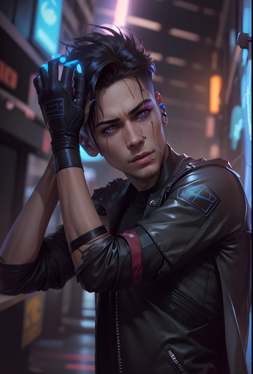 Change background cyberpunk handsome boy, realistic face,  ultra realistic,