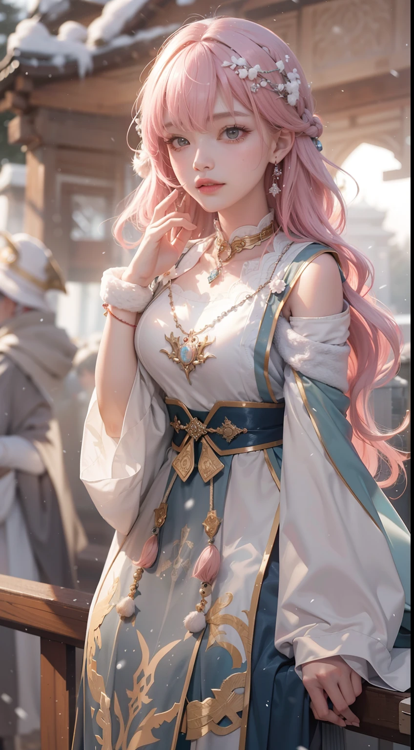 Works of masters，Best image quality，超高分辨率，8K分辨率，Sitting，solo person，femele，ssmile，long whitr hair，Pink hair，crossed bangs，Wave head，Bracelet，Collar，pendant，ta costume，snowflower，Winters，Temple，New Year，Opal rendering，Cinematic lighting，(Falling snow，cloaks)，