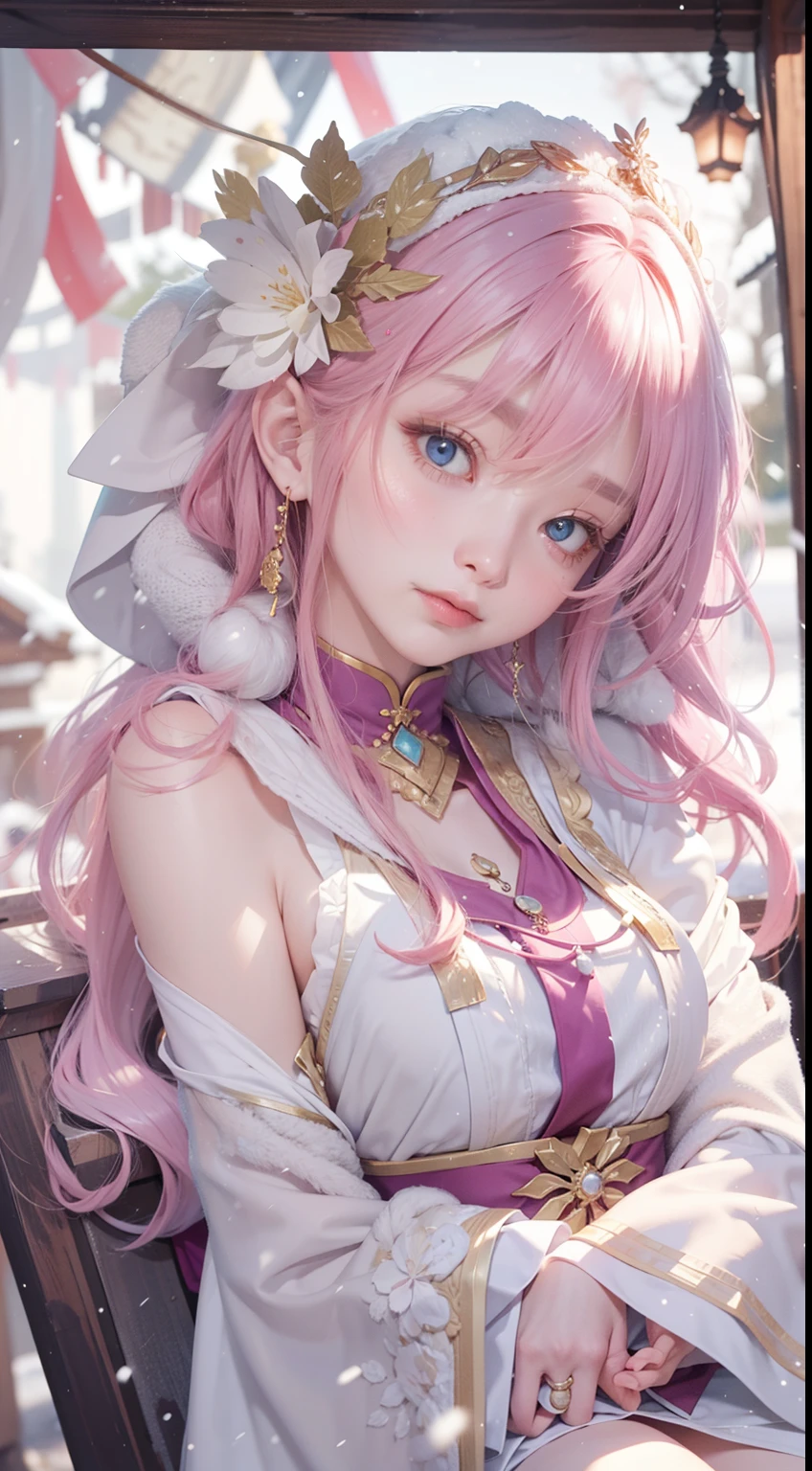 Works of masters,Best image quality,超高分辨率,8K分辨率,Sitting,solo person,femele,ssmile,long whitr hair,Pink hair,crossed bangs,Wave head,Bracelet,Collar,pendant,ta costume,snowflower,Winters,Temple,New Year,Opal rendering,Cinematic lighting,(Falling snow,cloaks),
